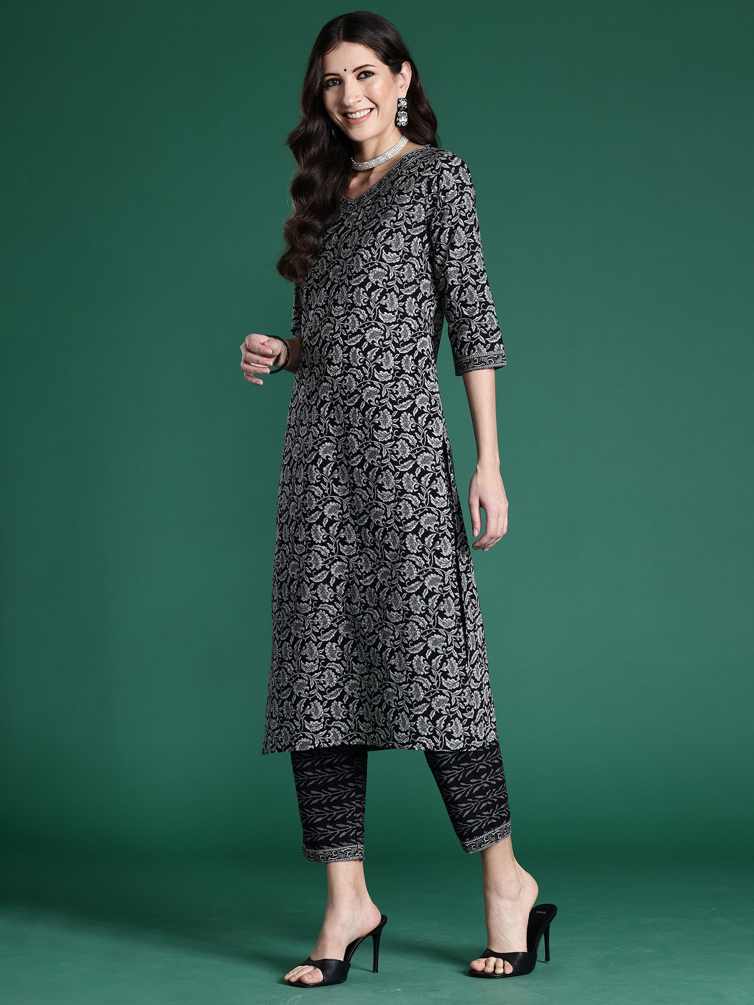 Black Printed Straight Kurta Trousers With Dupatta Set