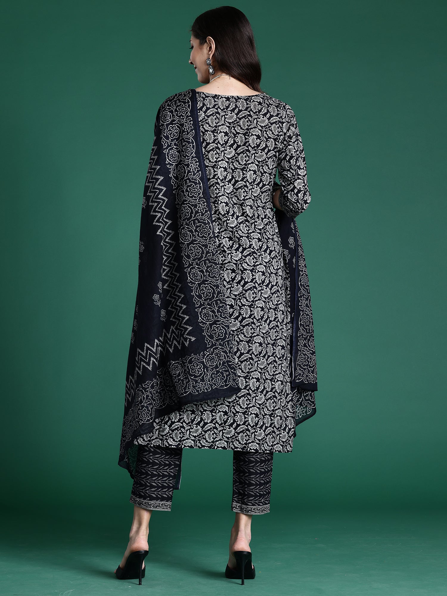 Black Printed Straight Kurta Trousers With Dupatta Set