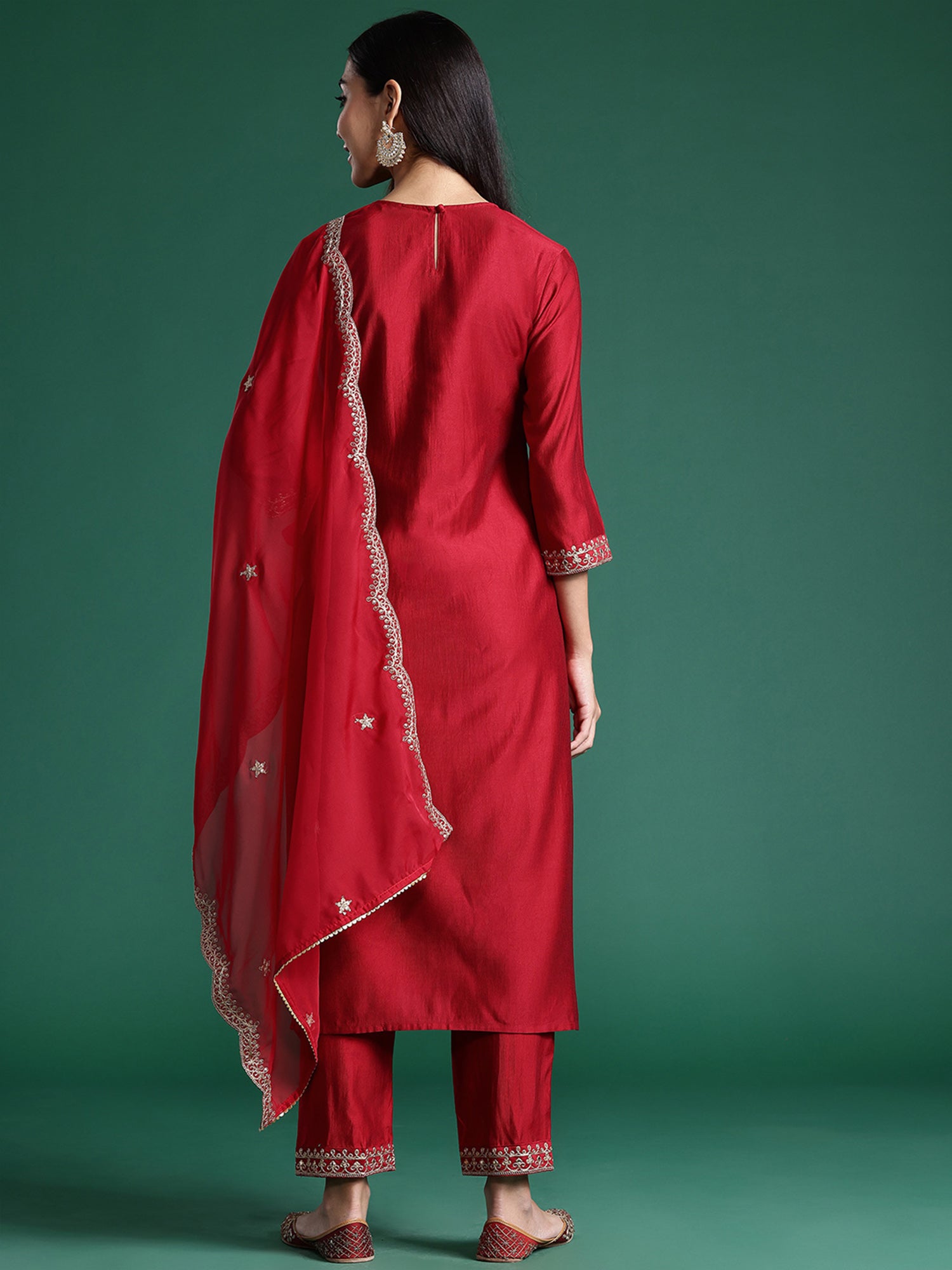 Red Embroidered Straight Kurta Trousers With Dupatta Set