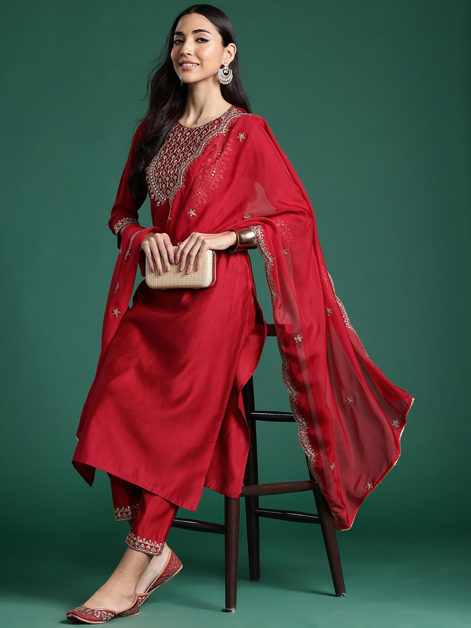 Red Embroidered Straight Kurta Trousers With Dupatta Set