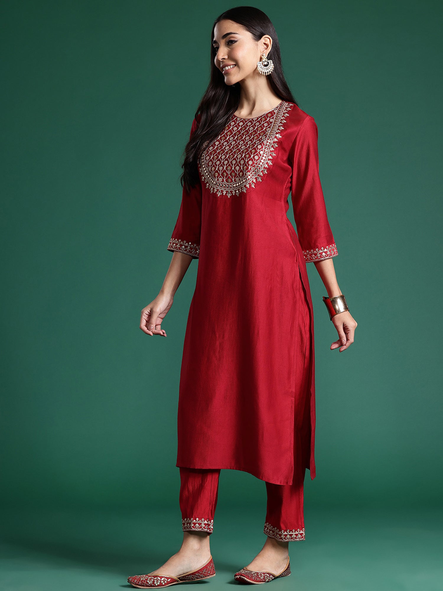 Red Embroidered Straight Kurta Trousers With Dupatta Set