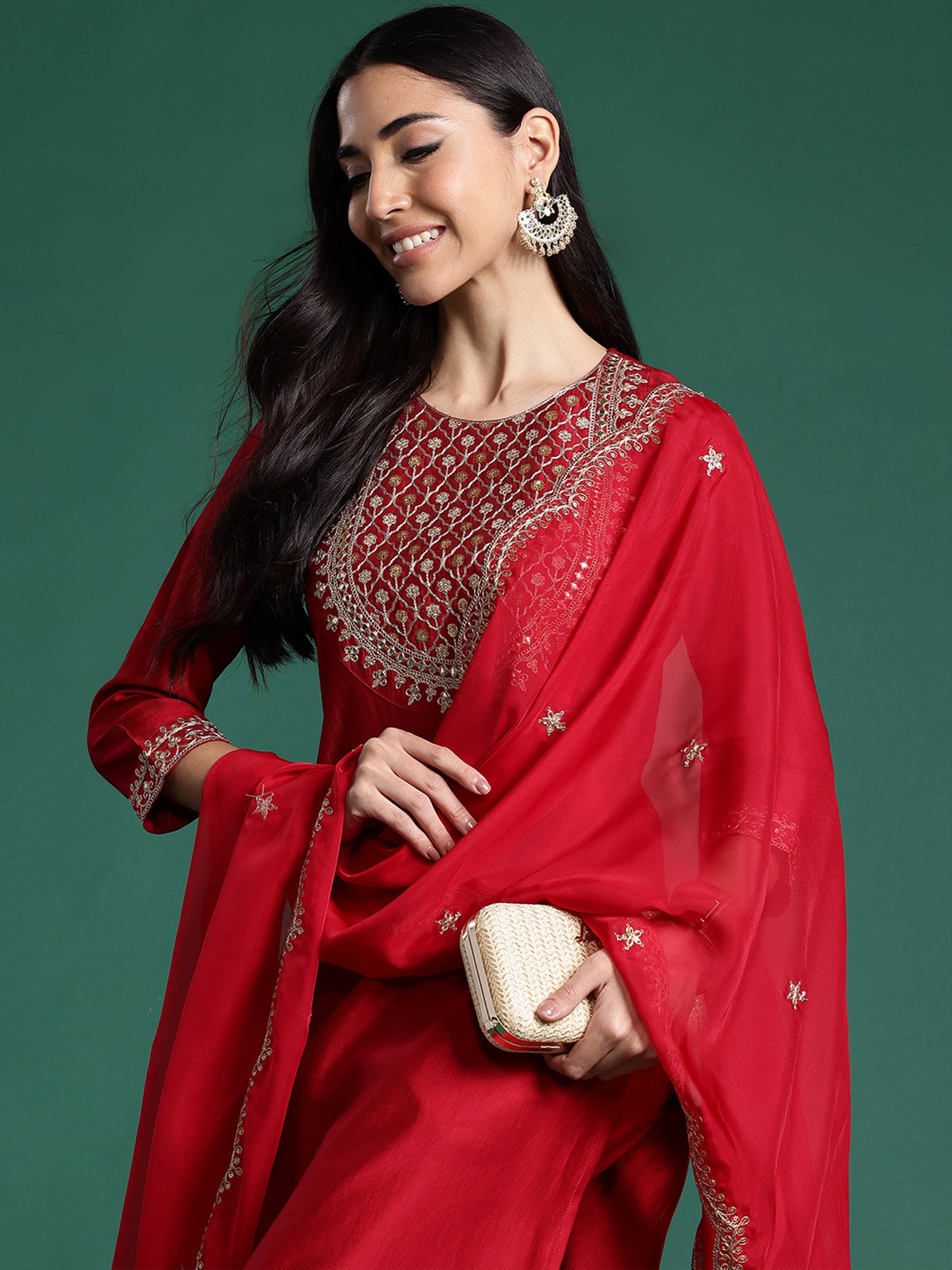 Red Embroidered Straight Kurta Trousers With Dupatta Set