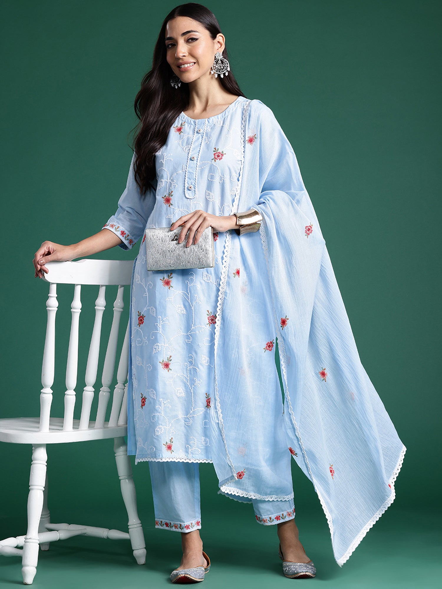 Blue Embroidered Straight Kurta Trousers With Dupatta Set