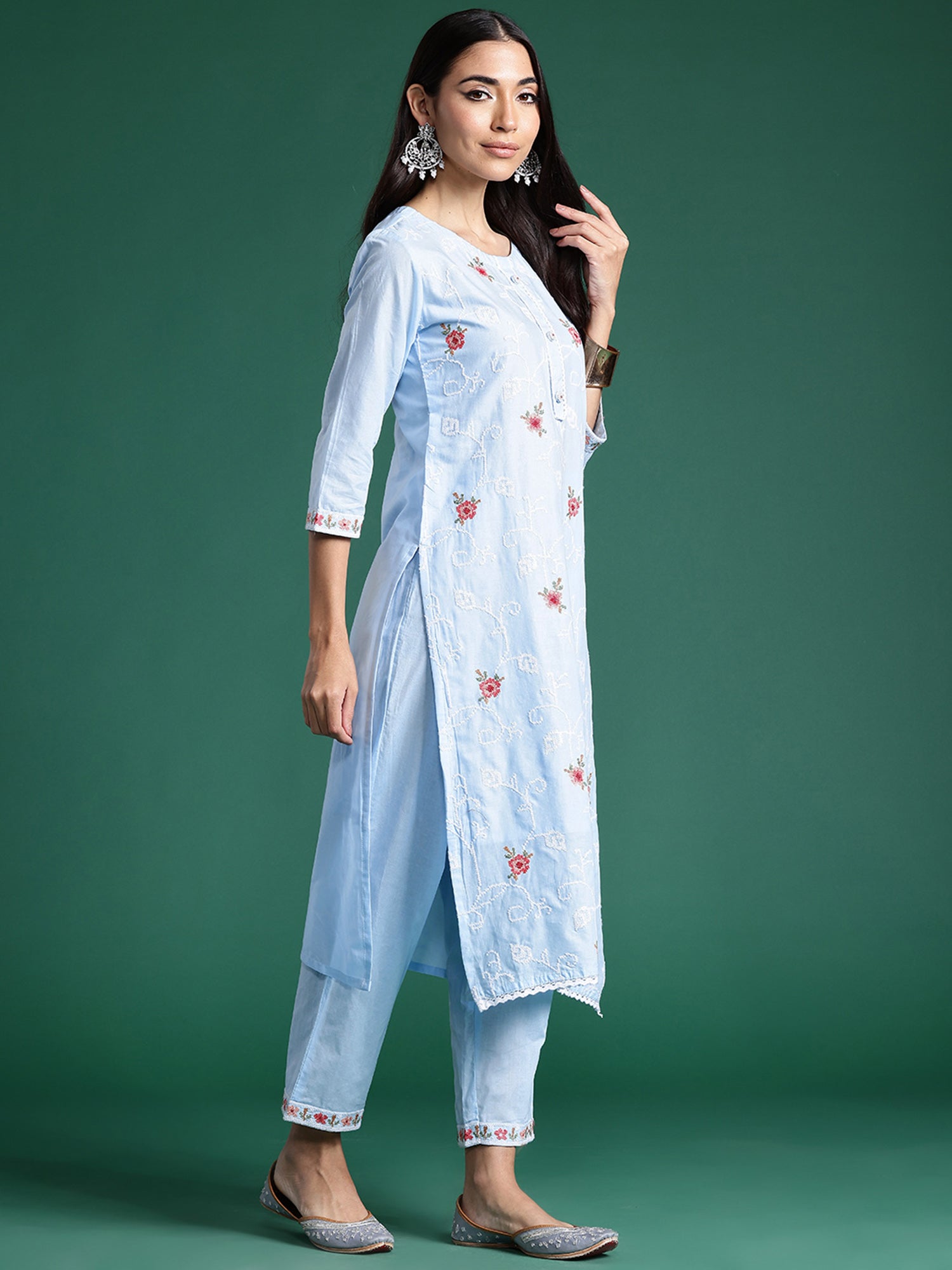 Blue Embroidered Straight Kurta Trousers With Dupatta Set