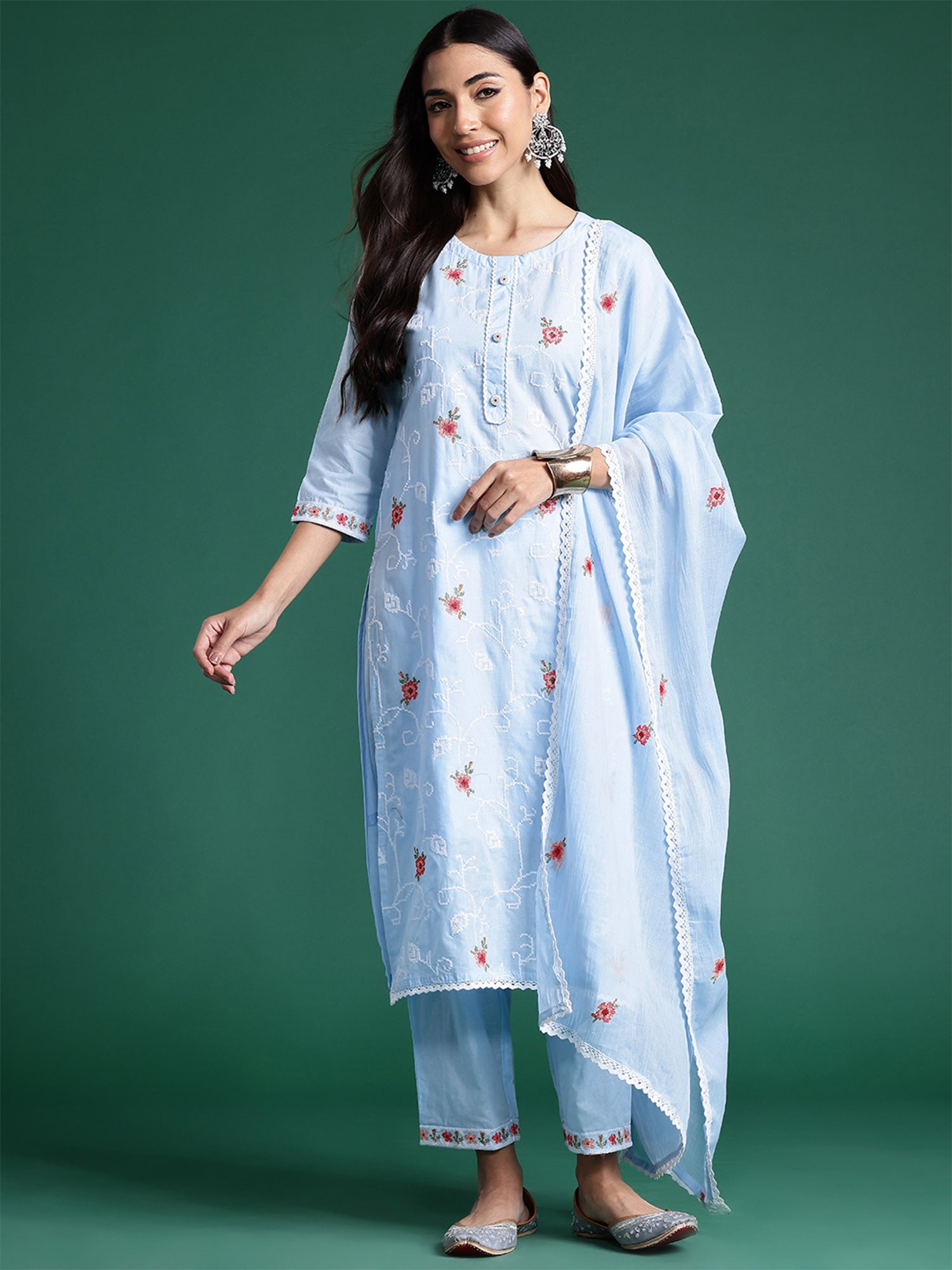 Blue Embroidered Straight Kurta Trousers With Dupatta Set