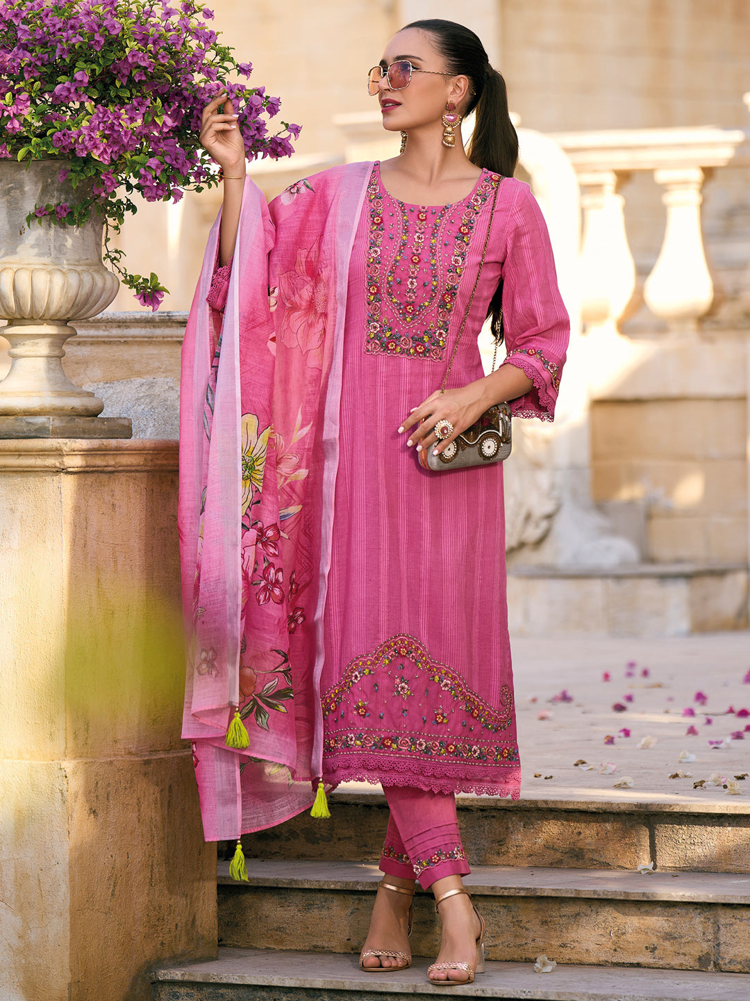 Pink Embroidered Straight Kurta Trousers With Dupatta Set