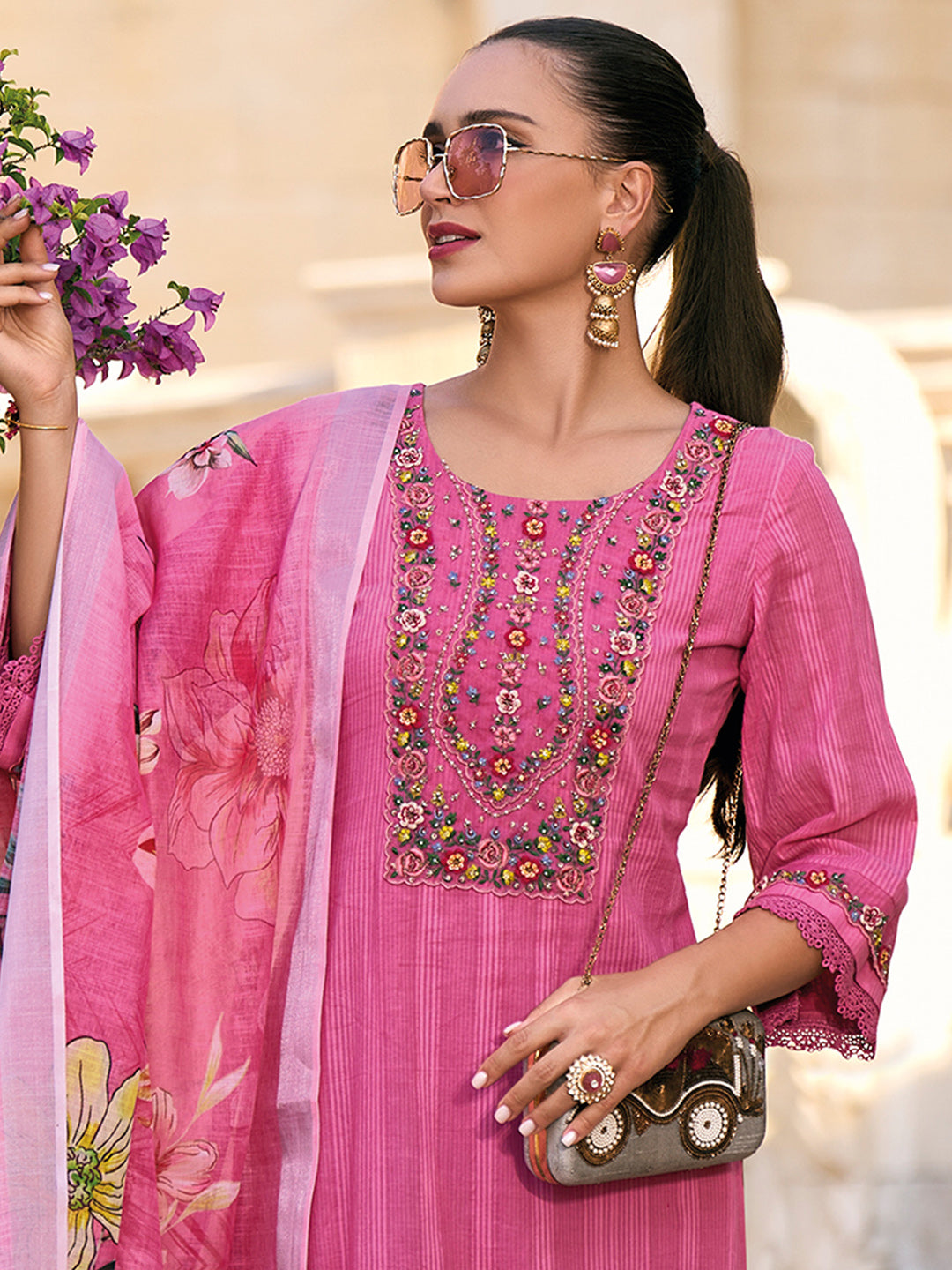 Pink Embroidered Straight Kurta Trousers With Dupatta Set