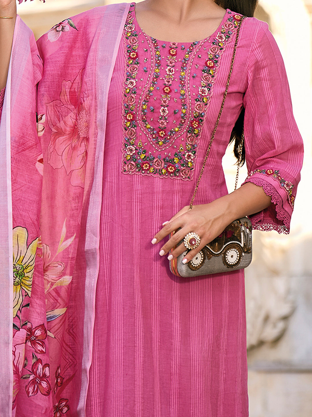 Pink Embroidered Straight Kurta Trousers With Dupatta Set