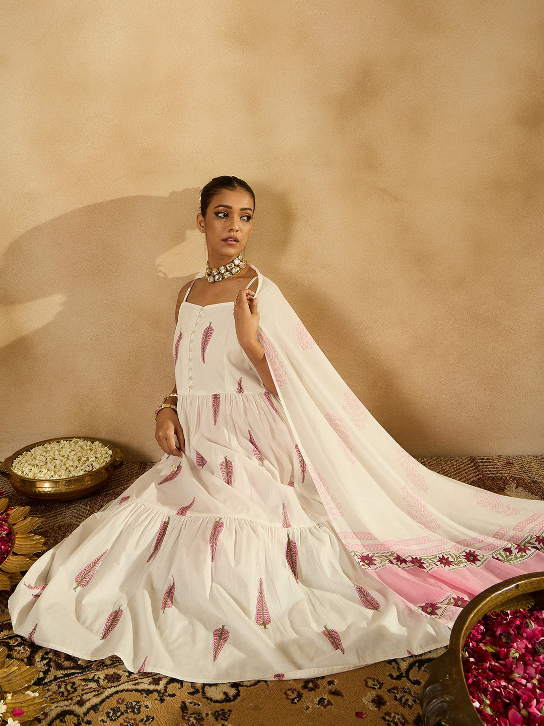 White Printed A-Line Kurta Trousers With Dupatta Set