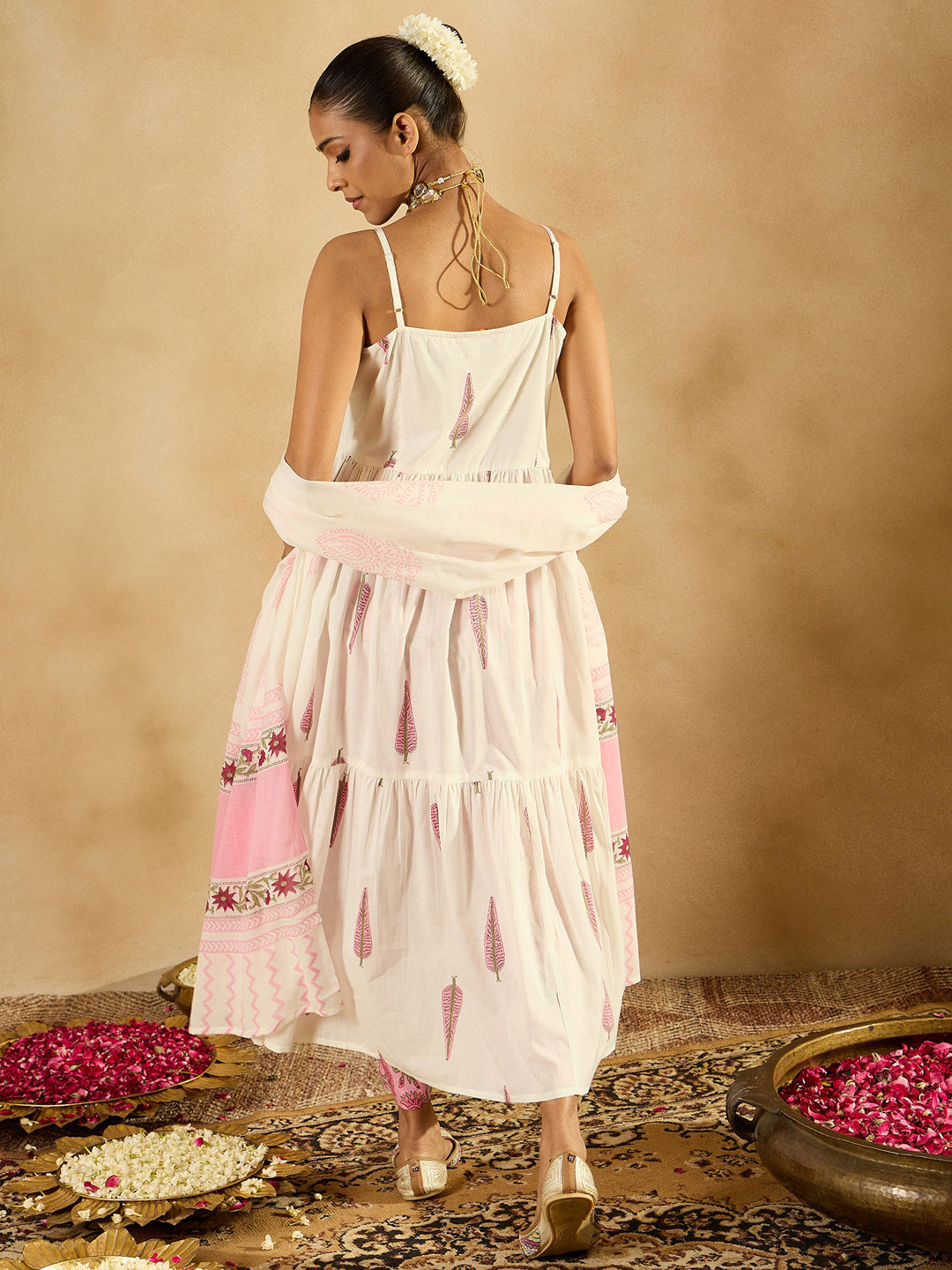 White Printed A-Line Kurta Trousers With Dupatta Set