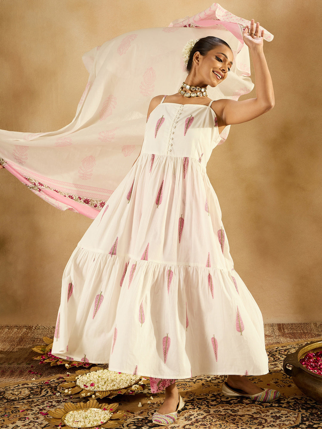 White Printed A-Line Kurta Trousers With Dupatta Set