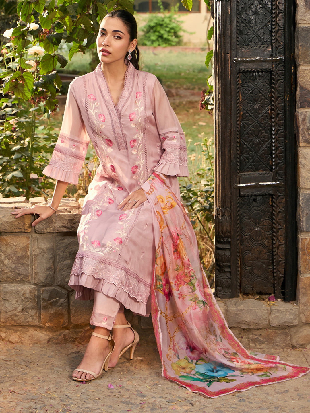 Mauve Embroidered A-Line Kurta Trousers With Dupatta set