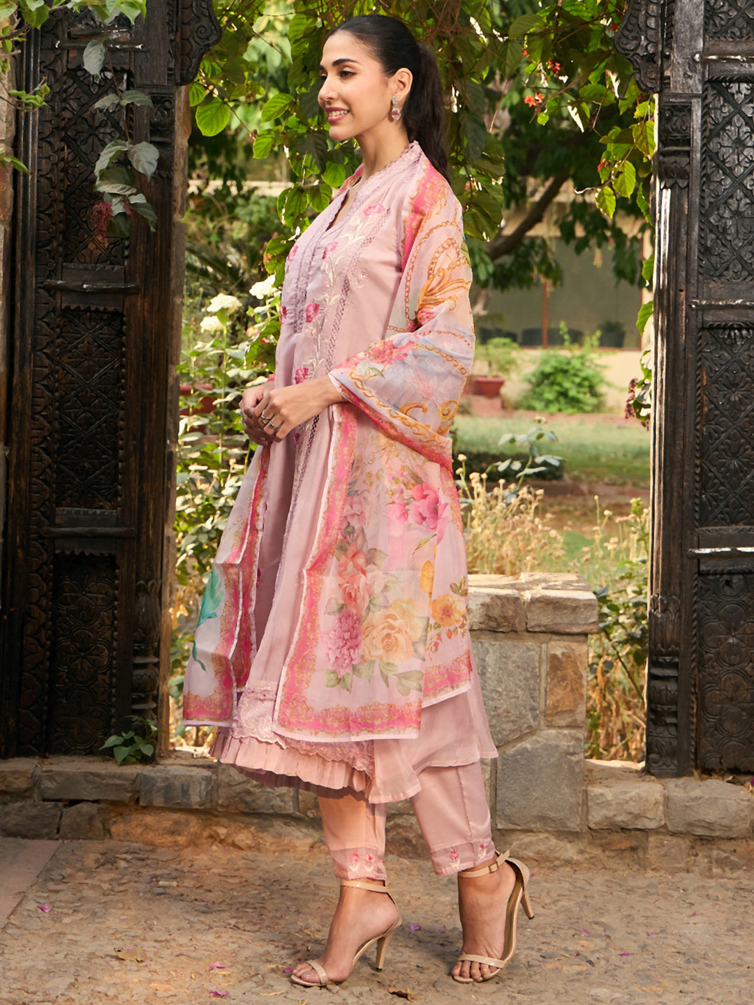 Mauve Embroidered A-Line Kurta Trousers With Dupatta set