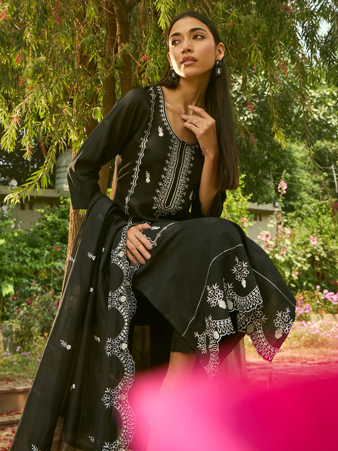 Black Embroidered Straight Kurta Trousers With Dupatta Set