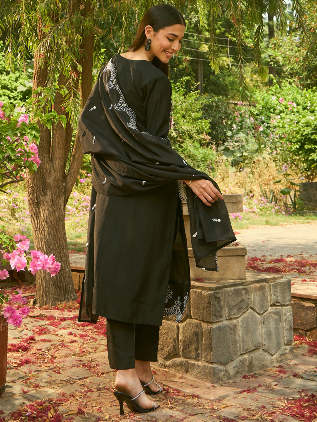 Black Embroidered Straight Kurta Trousers With Dupatta Set