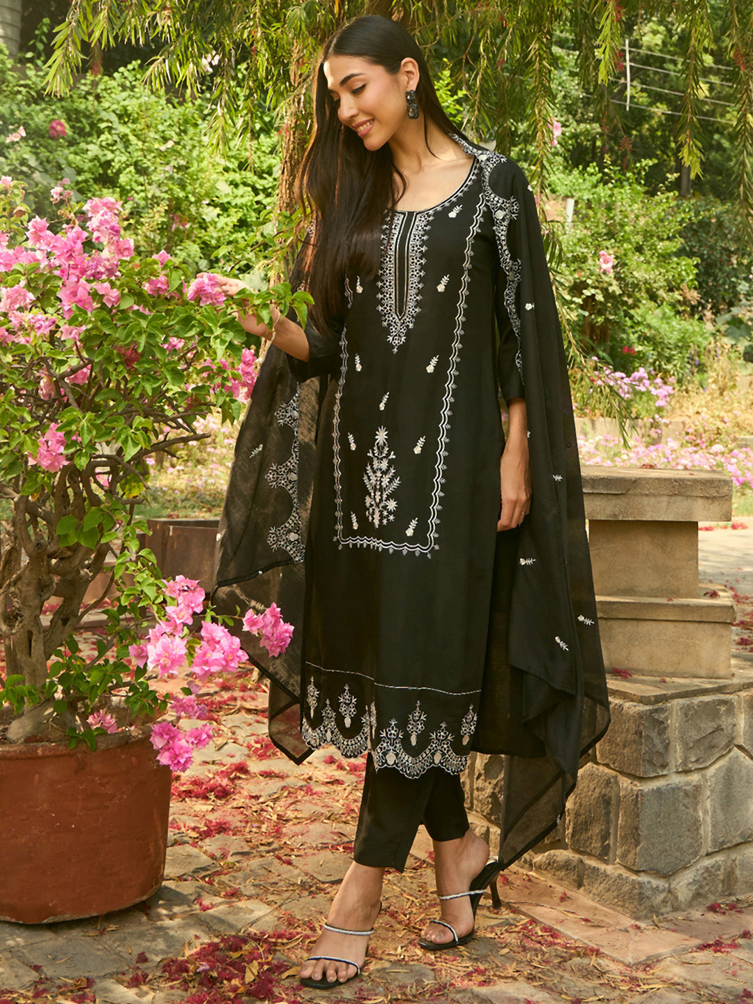 Black Embroidered Straight Kurta Trousers With Dupatta Set