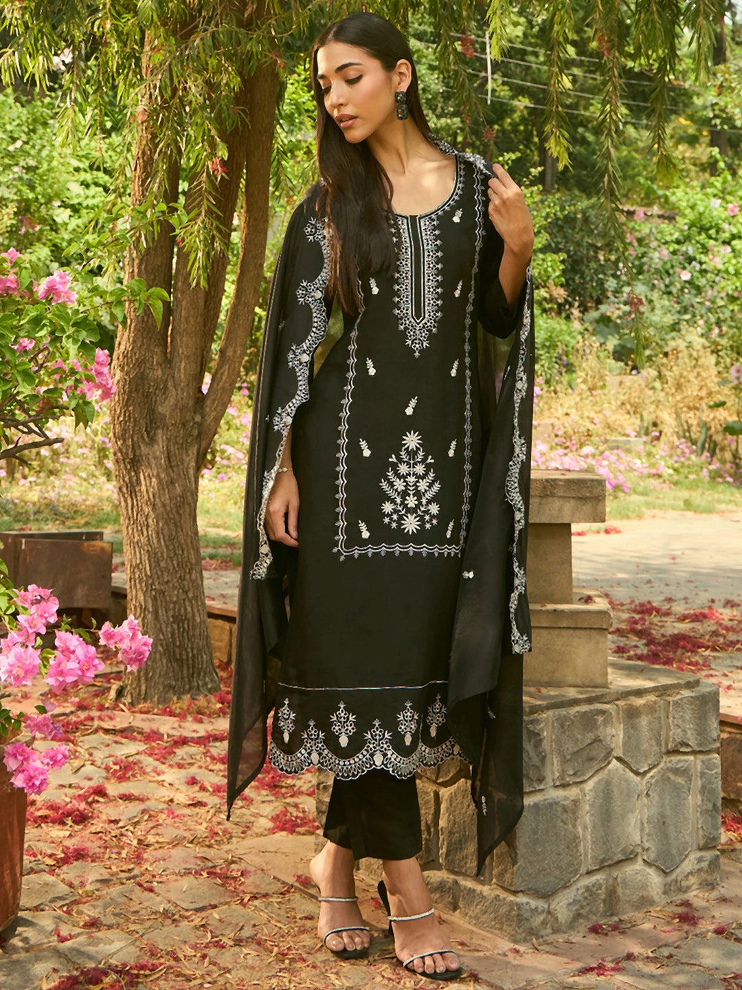 Black Embroidered Straight Kurta Trousers With Dupatta Set