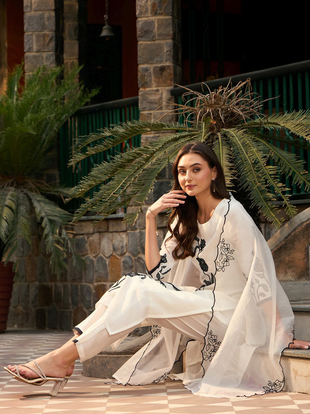 White Embroidered Straight Kurta Trousers With Dupatta Set