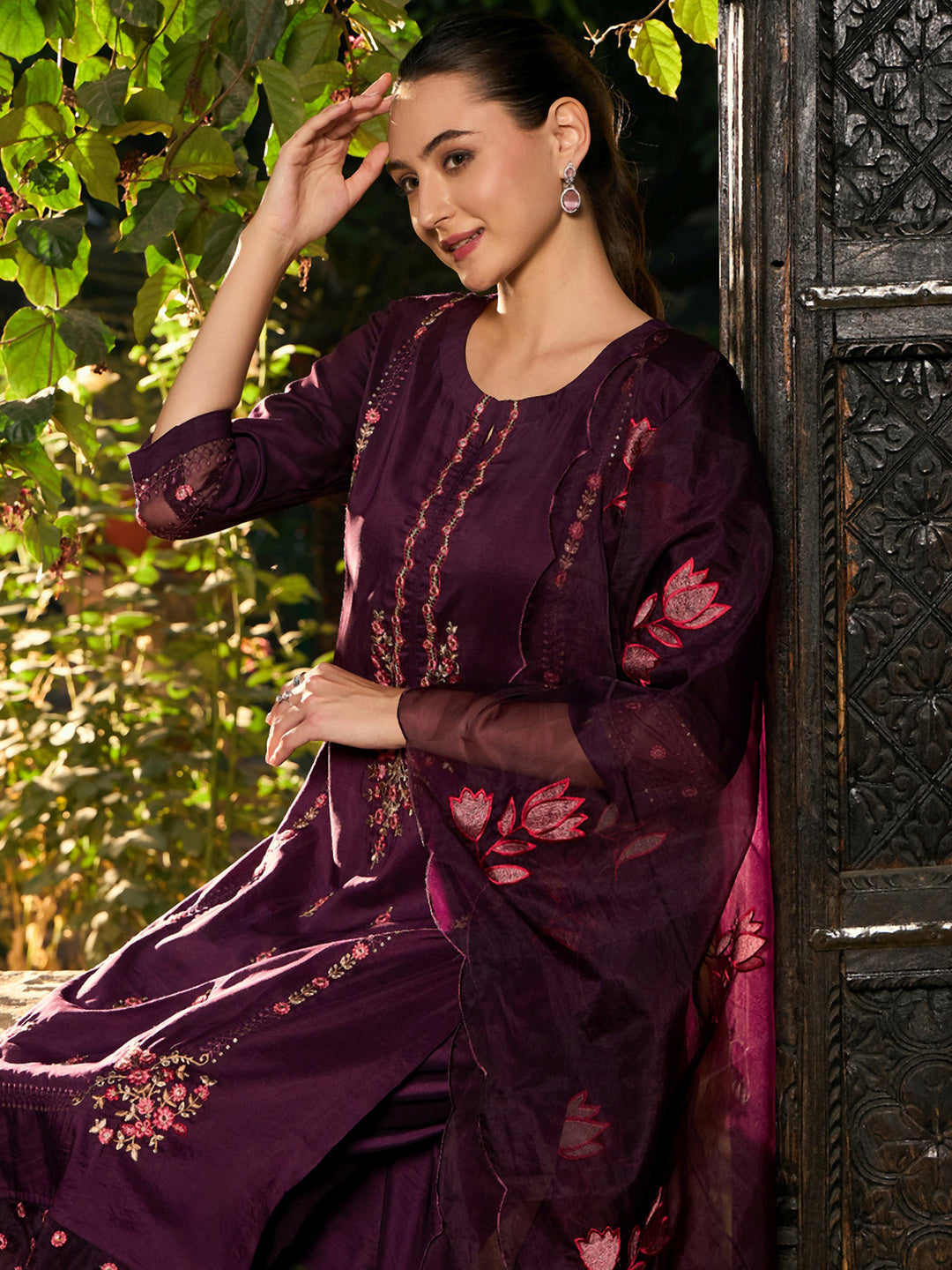 Burgundy Embroidered Straight Kurta Trousers With Dupatta Set