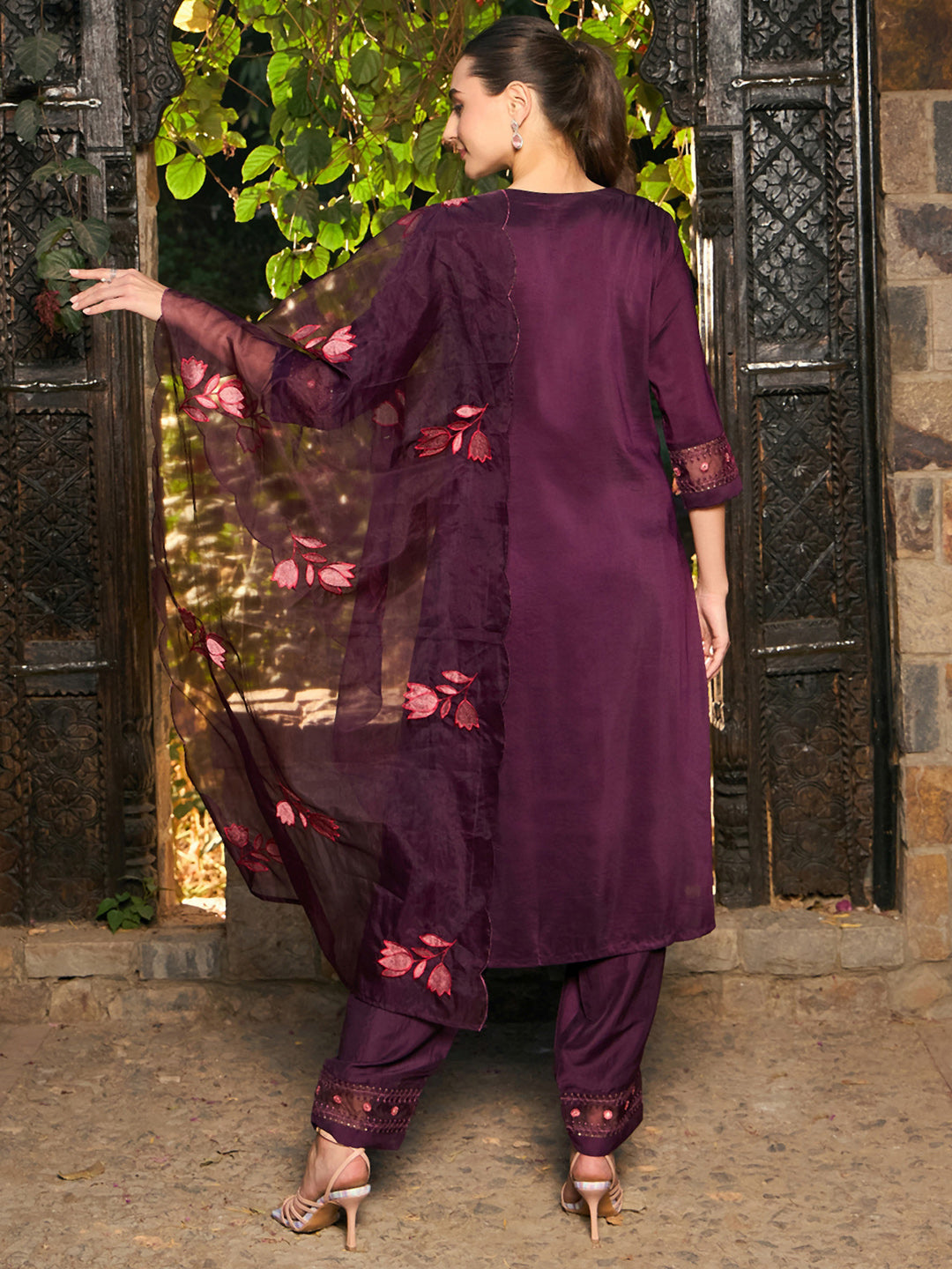 Burgundy Embroidered Straight Kurta Trousers With Dupatta Set