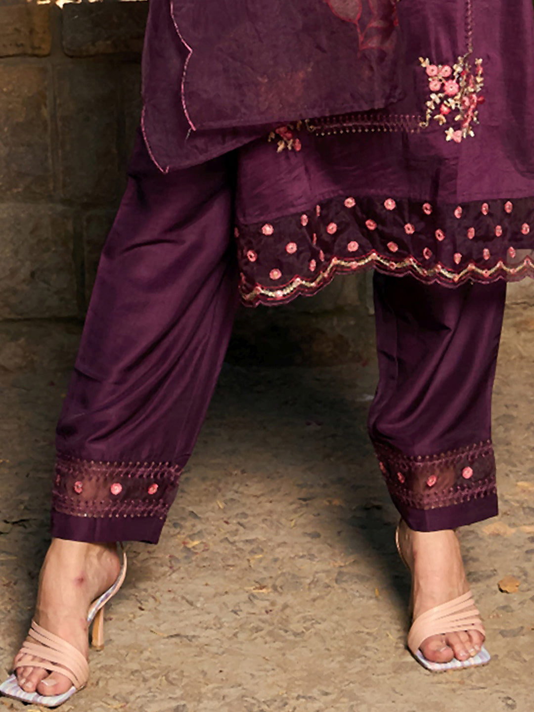 Burgundy Embroidered Straight Kurta Trousers With Dupatta Set