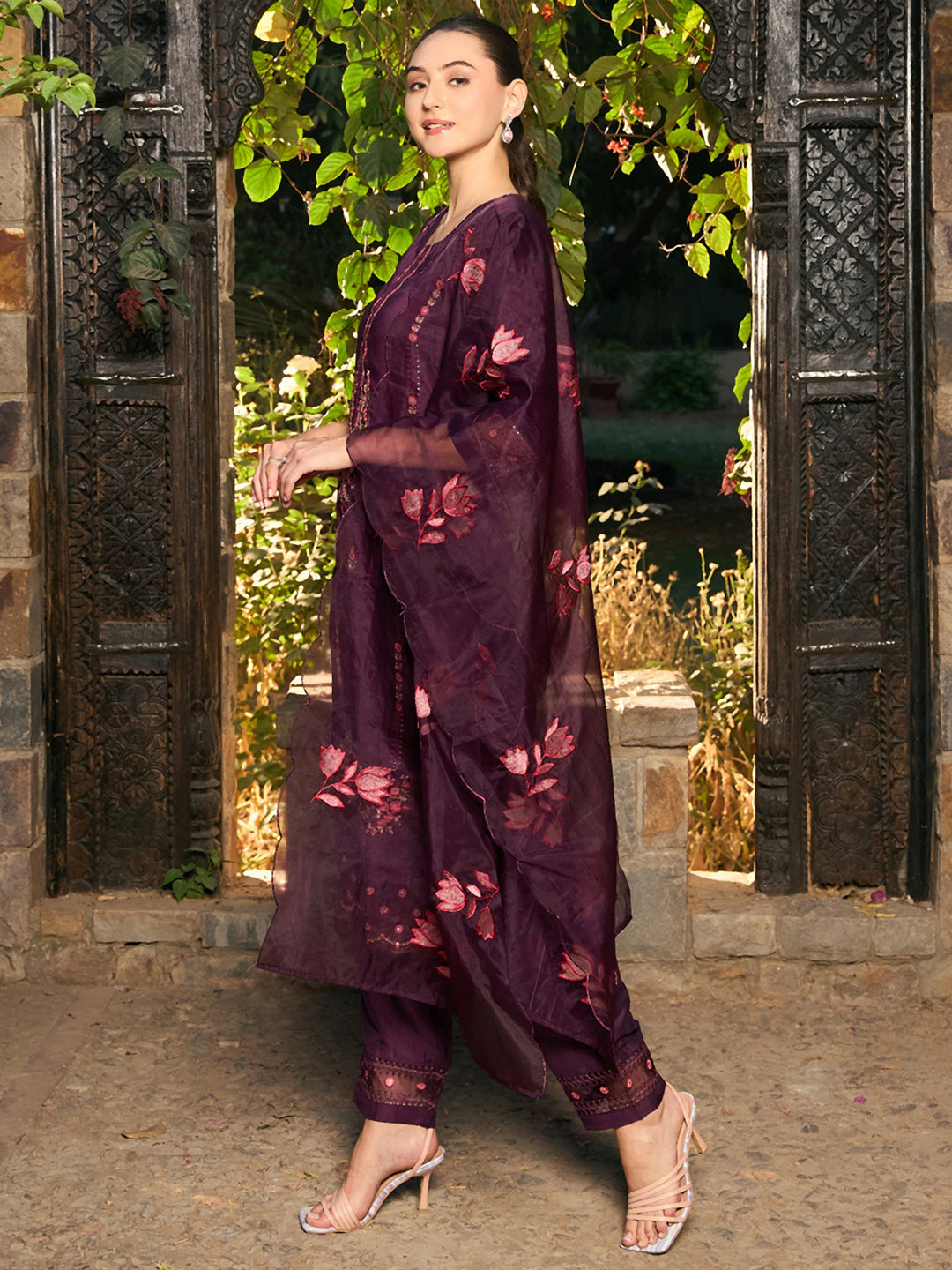 Burgundy Embroidered Straight Kurta Trousers With Dupatta Set