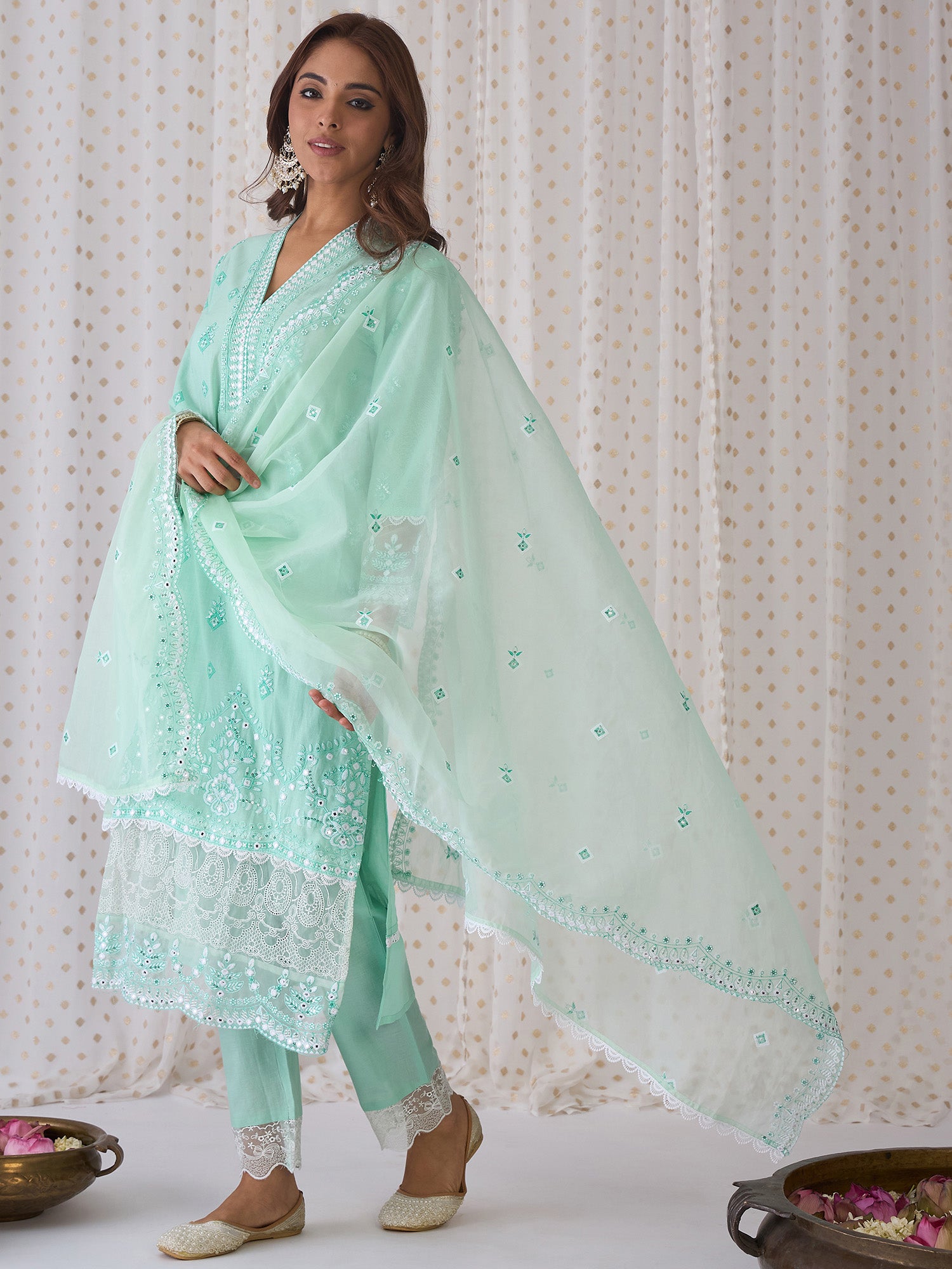 Green Embroidered Straight Kurta Trousers With Dupatta Set