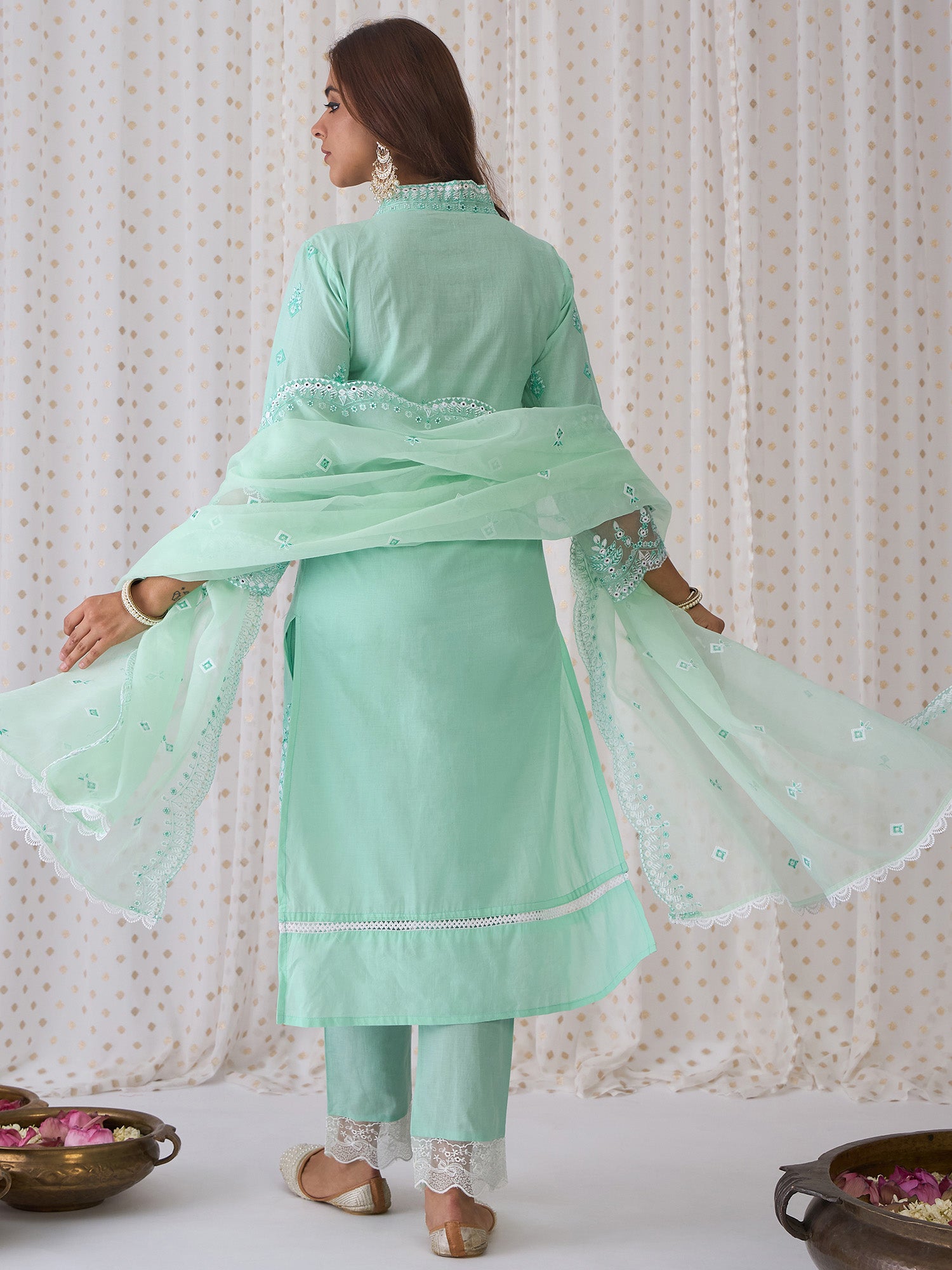 Green Embroidered Straight Kurta Trousers With Dupatta Set