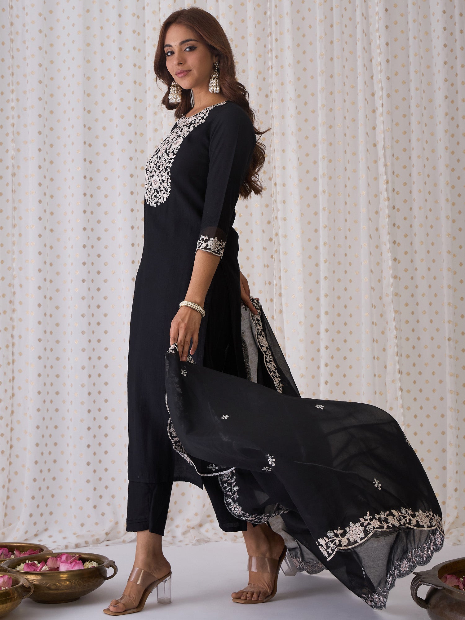 Black Embroidered Straight Kurta Trousers With Dupatta  Set