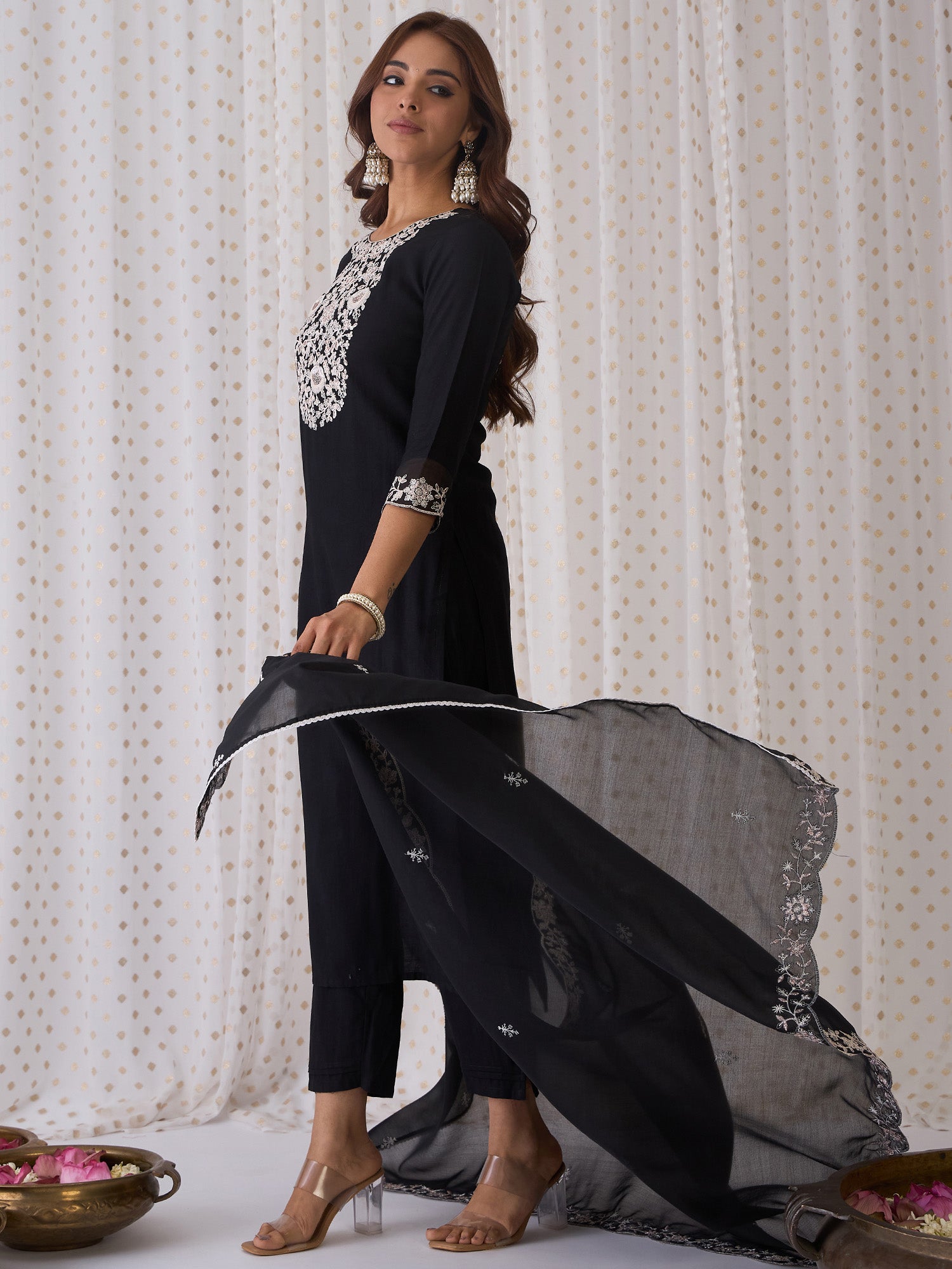 Black Embroidered Straight Kurta Trousers With Dupatta  Set