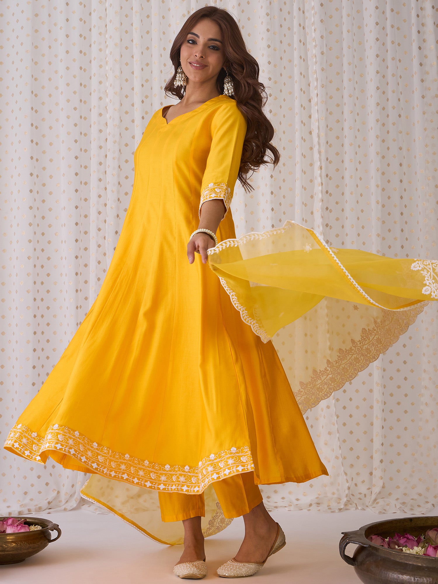 Yellow Embroidered Anarkali Kurta Trousers With Dupatta Set