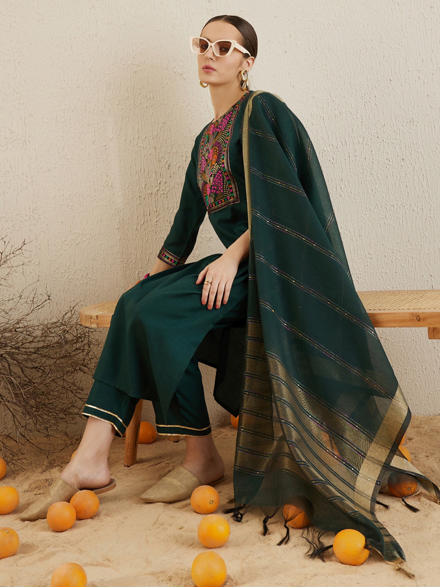 Green Yoke Design Straight Kurta Trousers With Dupatta set