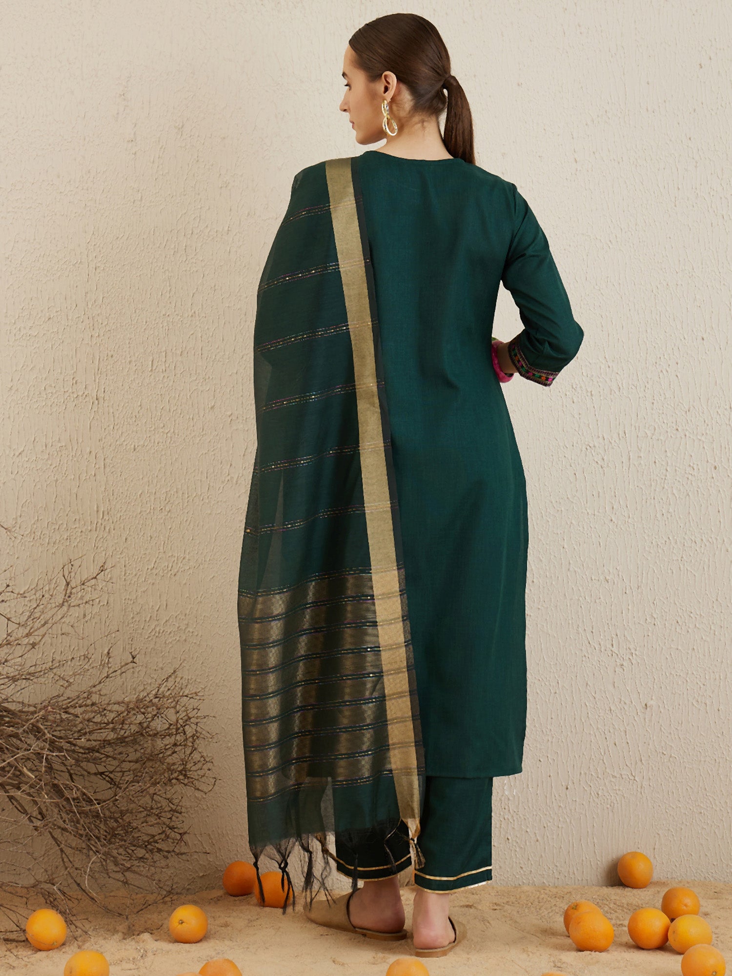 Green Yoke Design Straight Kurta Trousers With Dupatta set