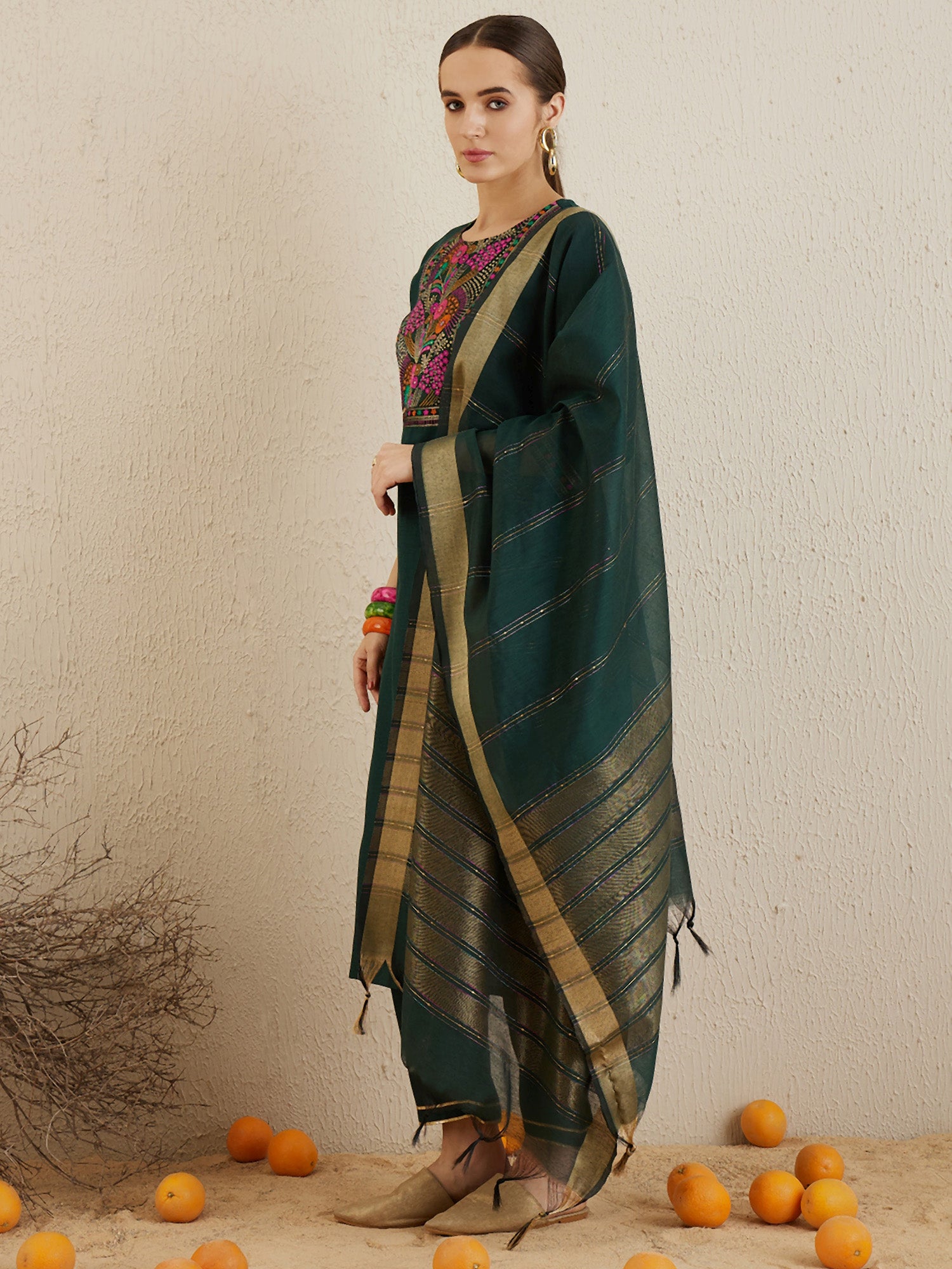 Green Yoke Design Straight Kurta Trousers With Dupatta set