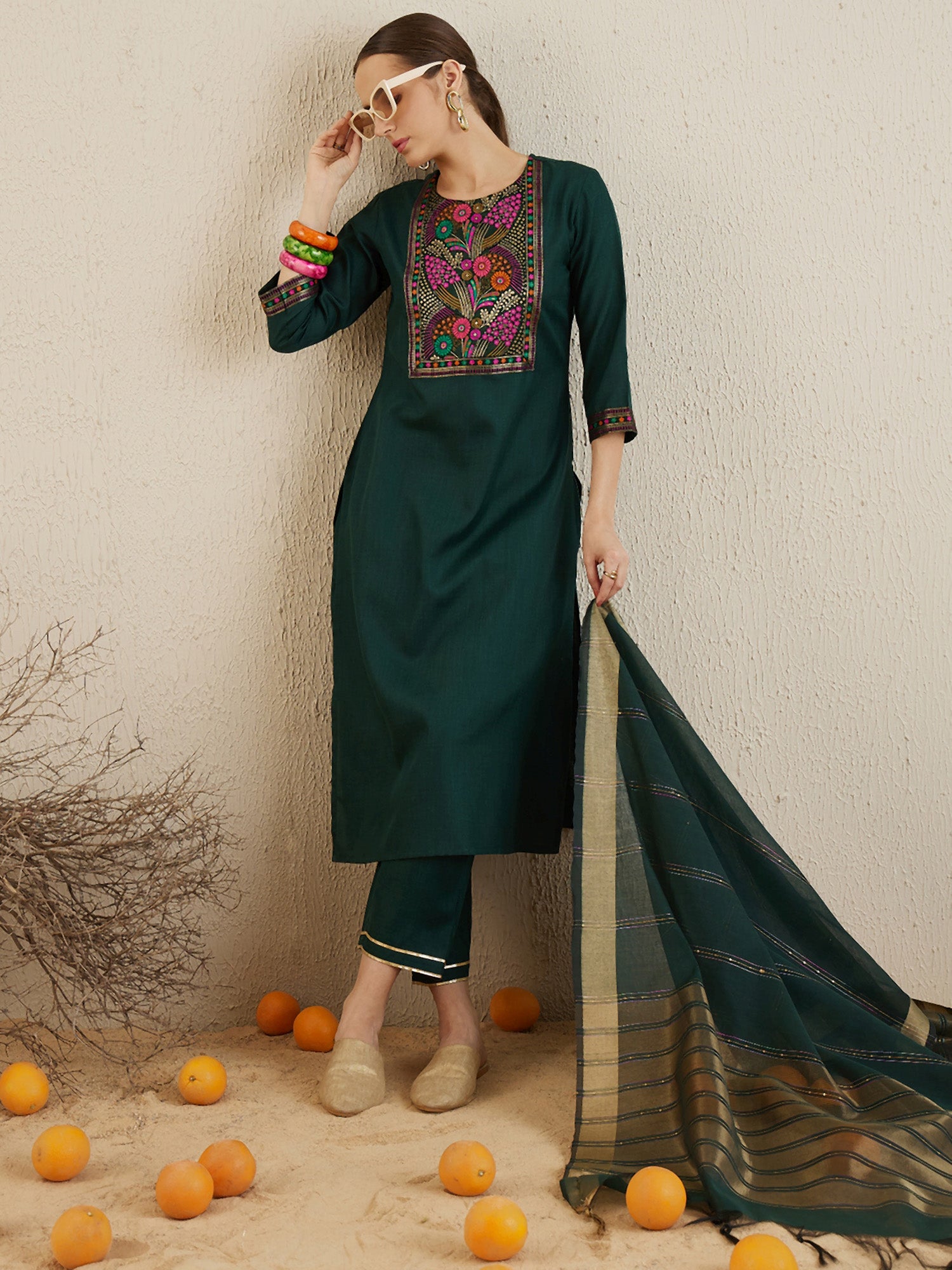 Green Yoke Design Straight Kurta Trousers With Dupatta set