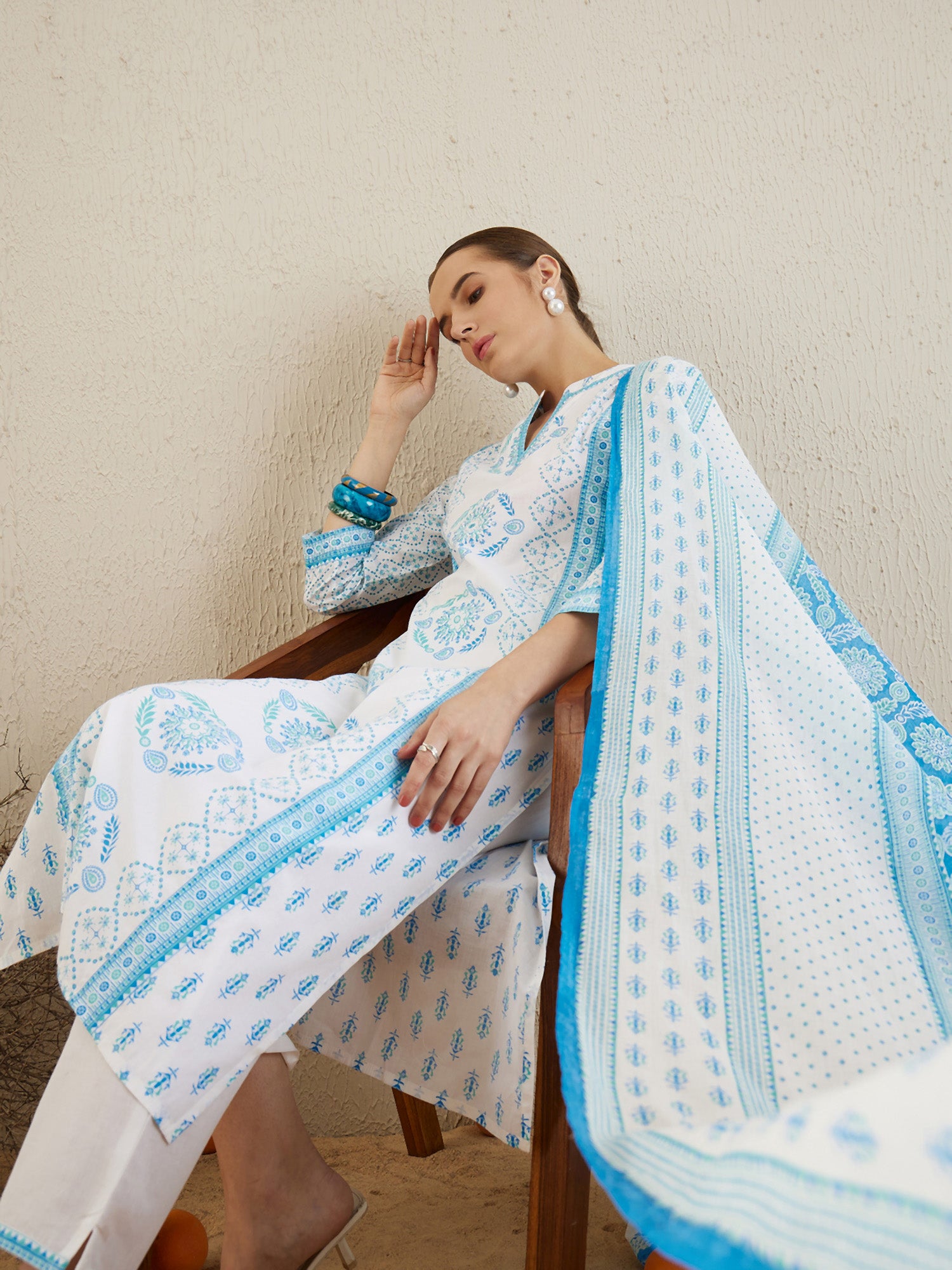 Off White Printed Straight Kurta Trousers With Dupatta set