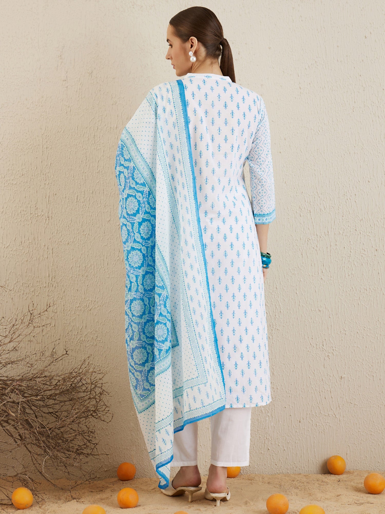 Off White Printed Straight Kurta Trousers With Dupatta set