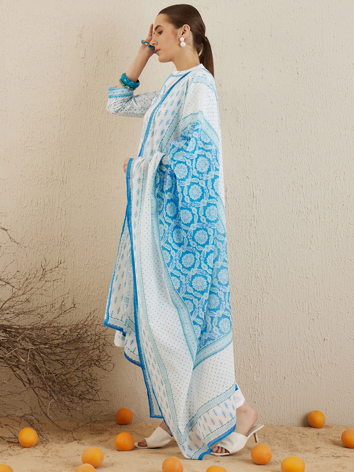 Off White Printed Straight Kurta Trousers With Dupatta set