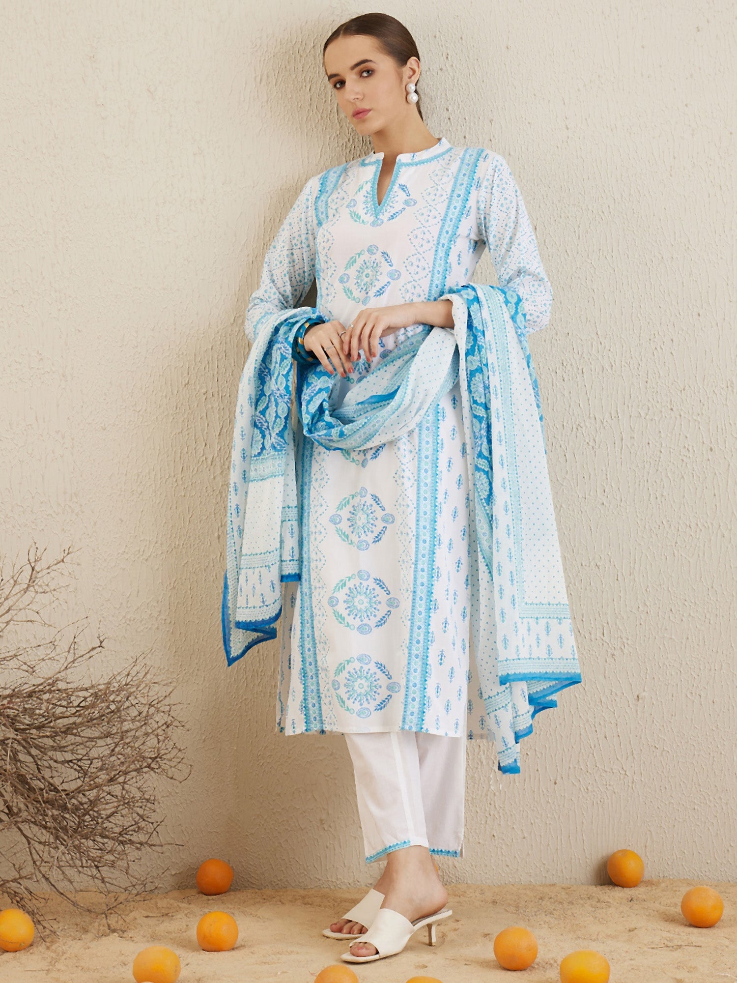 Off White Printed Straight Kurta Trousers With Dupatta set