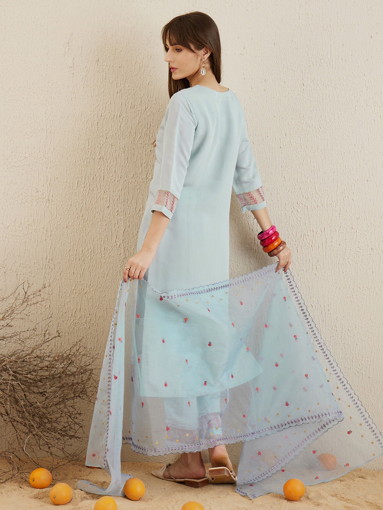 Blue Embroidered Straight Kurta Trousers With Dupatta Set