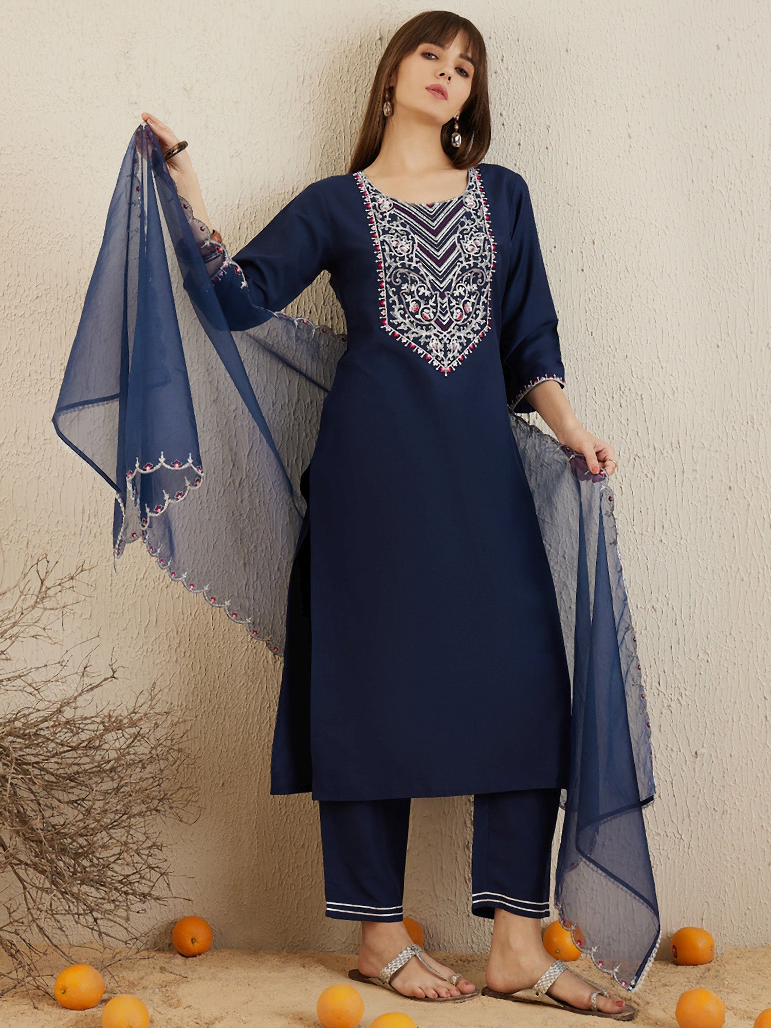 Navy Blue Embroidered Straight Kurta Trousers With Dupatta set