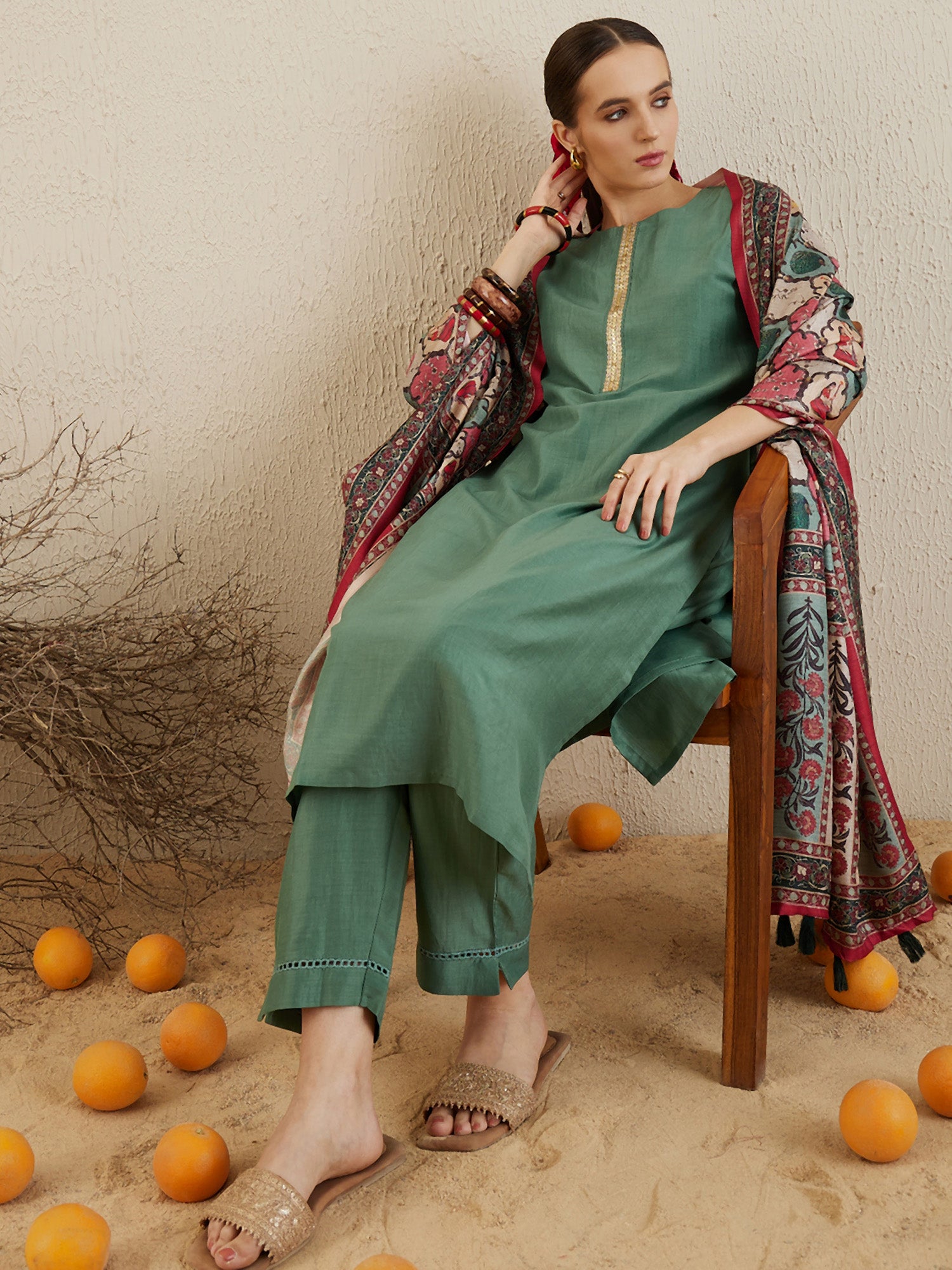 Sea Green Self Design Straight Kurta Trousers With Dupatta set