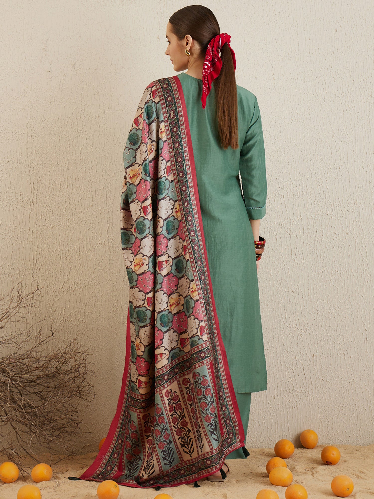 Sea Green Self Design Straight Kurta Trousers With Dupatta set