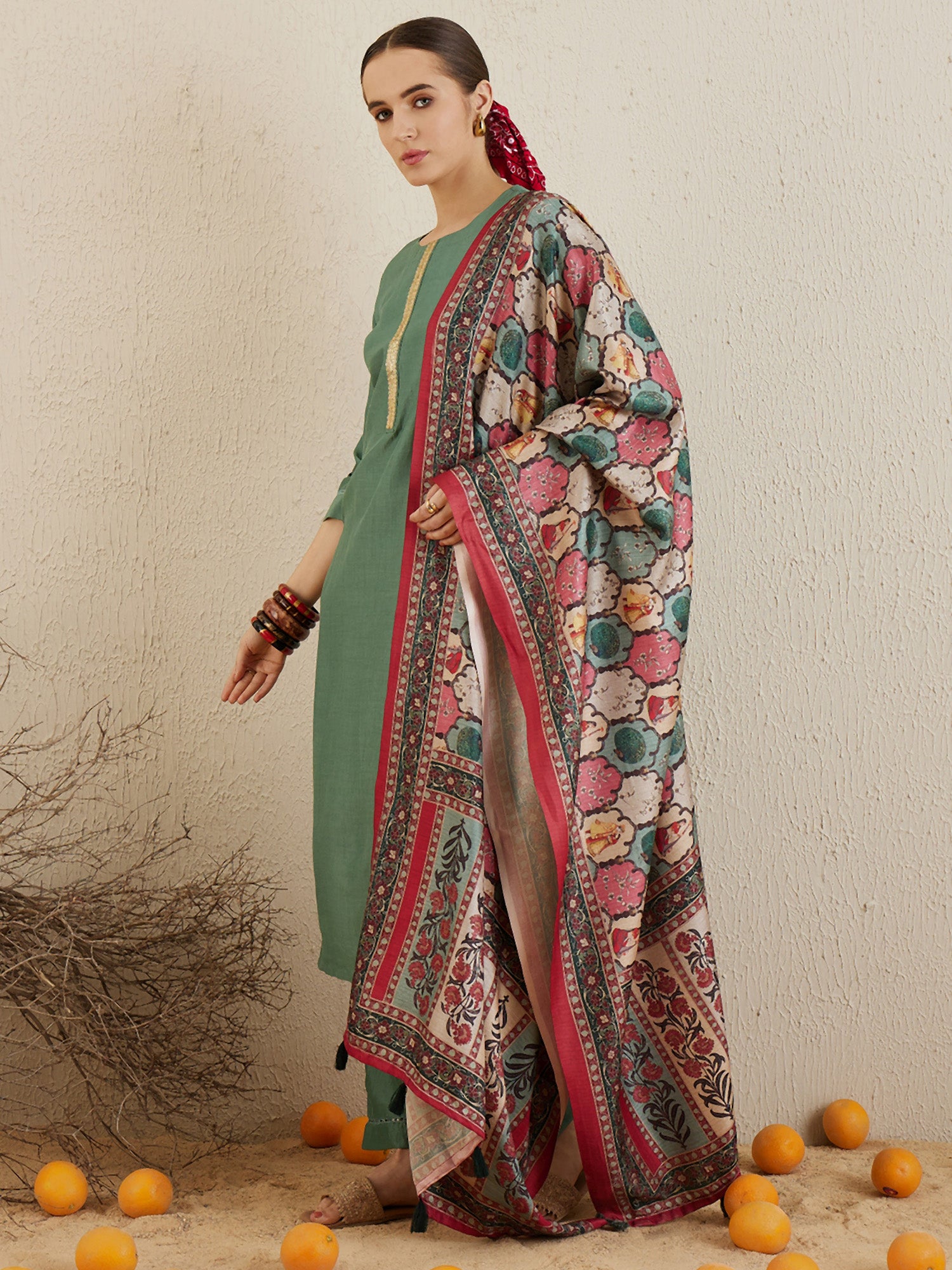 Sea Green Self Design Straight Kurta Trousers With Dupatta set