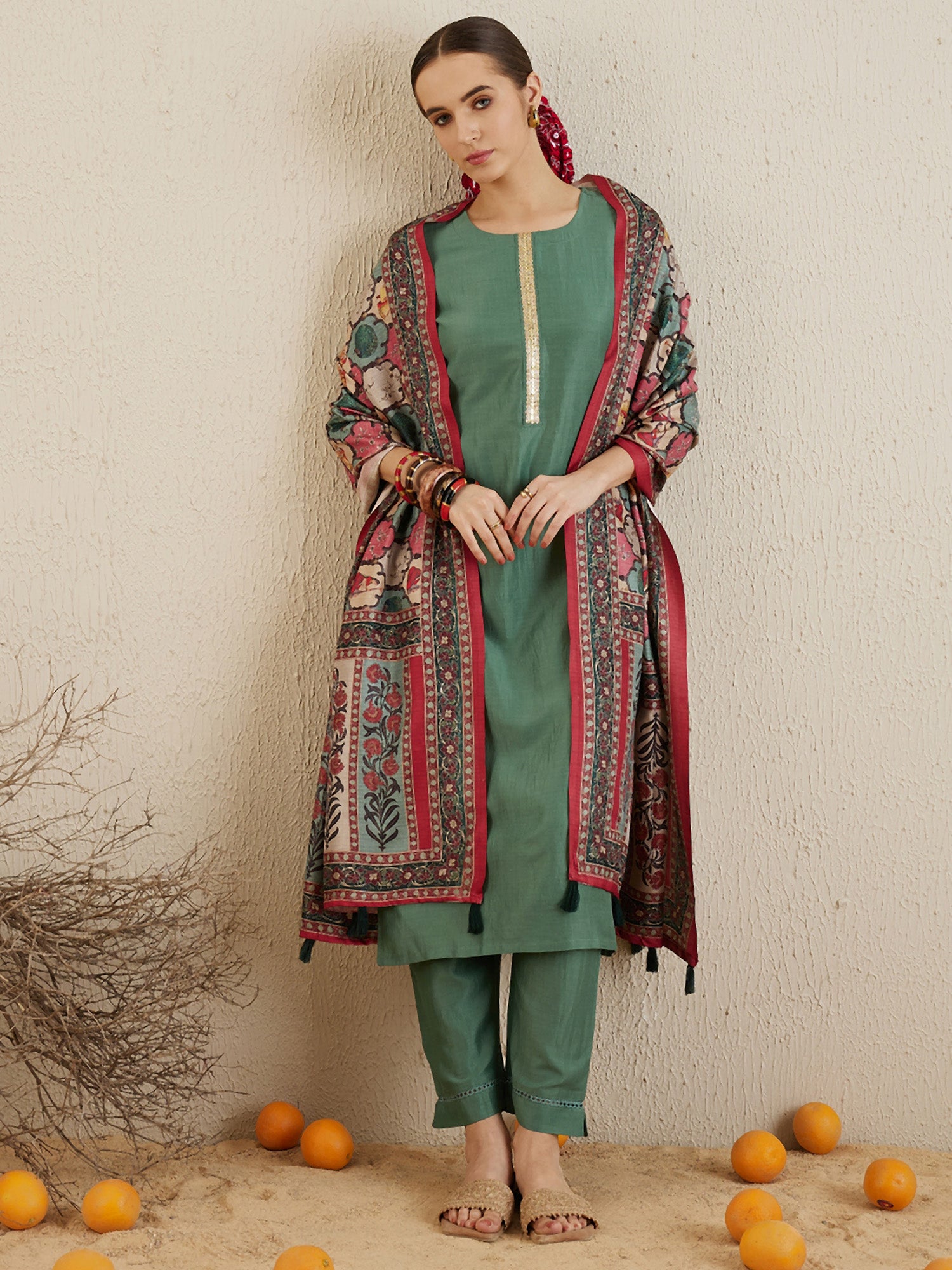 Sea Green Self Design Straight Kurta Trousers With Dupatta set