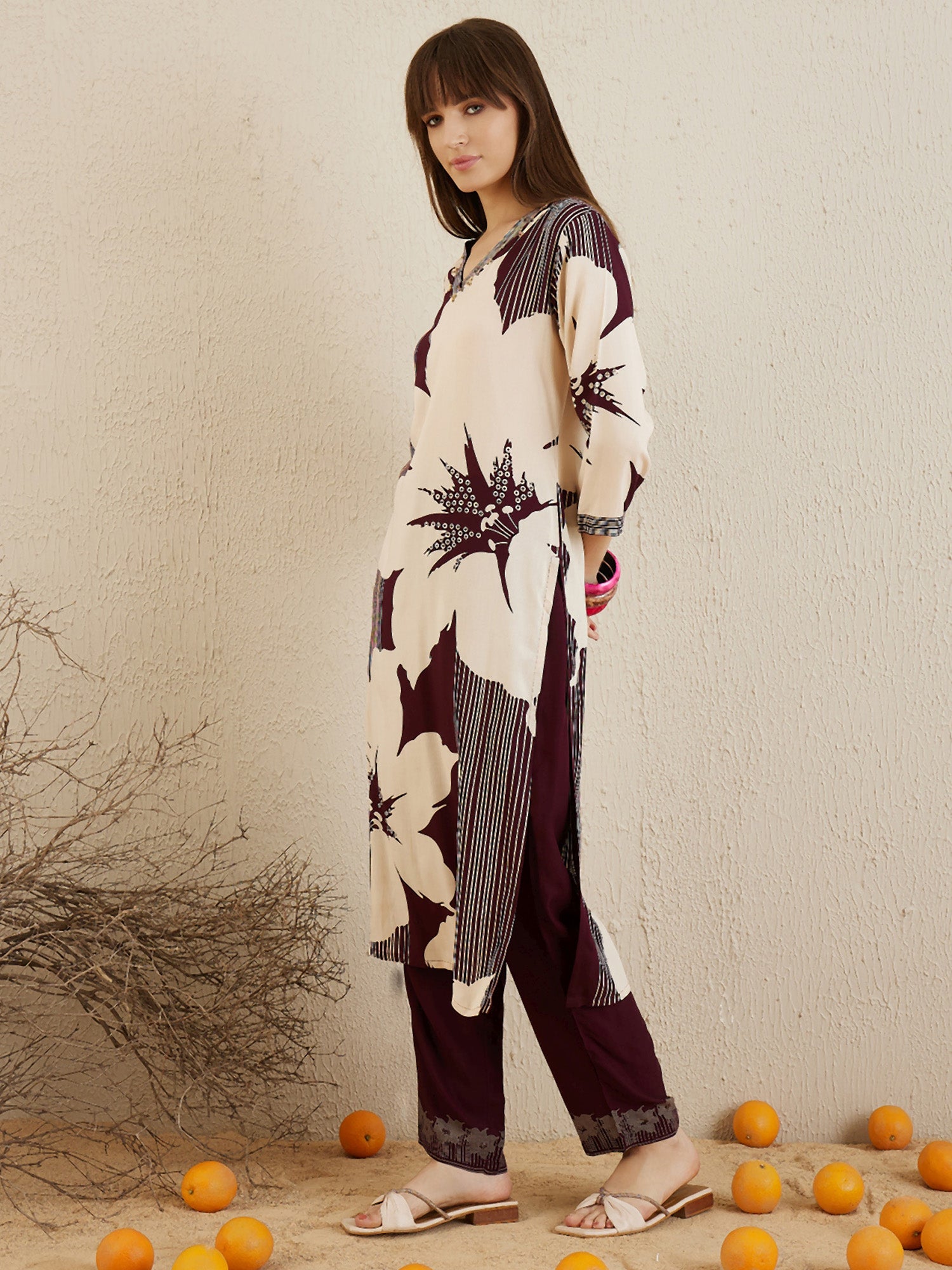 Burgundy Printed A-Line Kurta Trousers Set