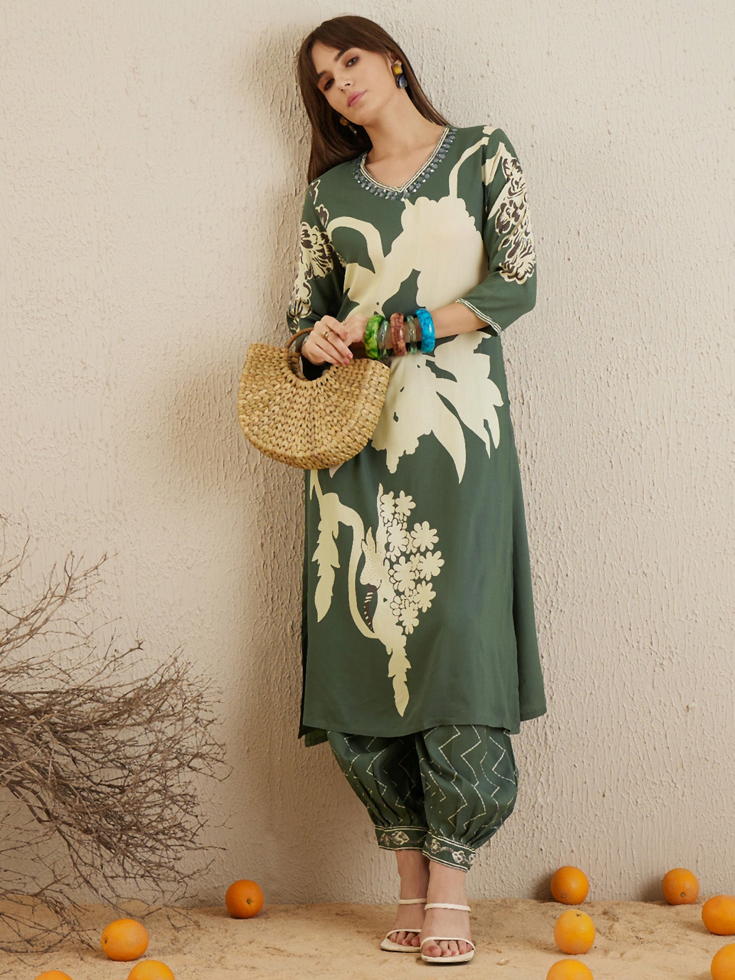 Green Printed A-Line Kurta Salwar set