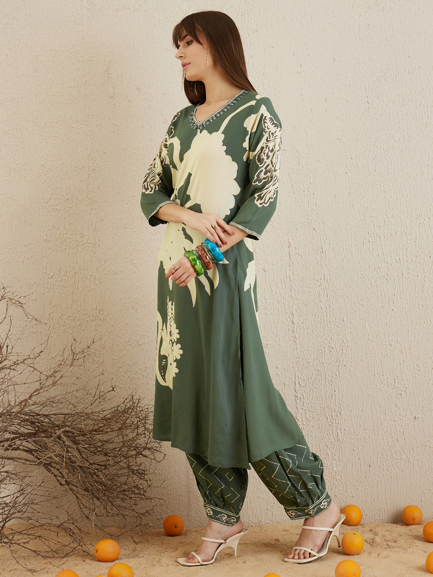 Green Printed A-Line Kurta Salwar set