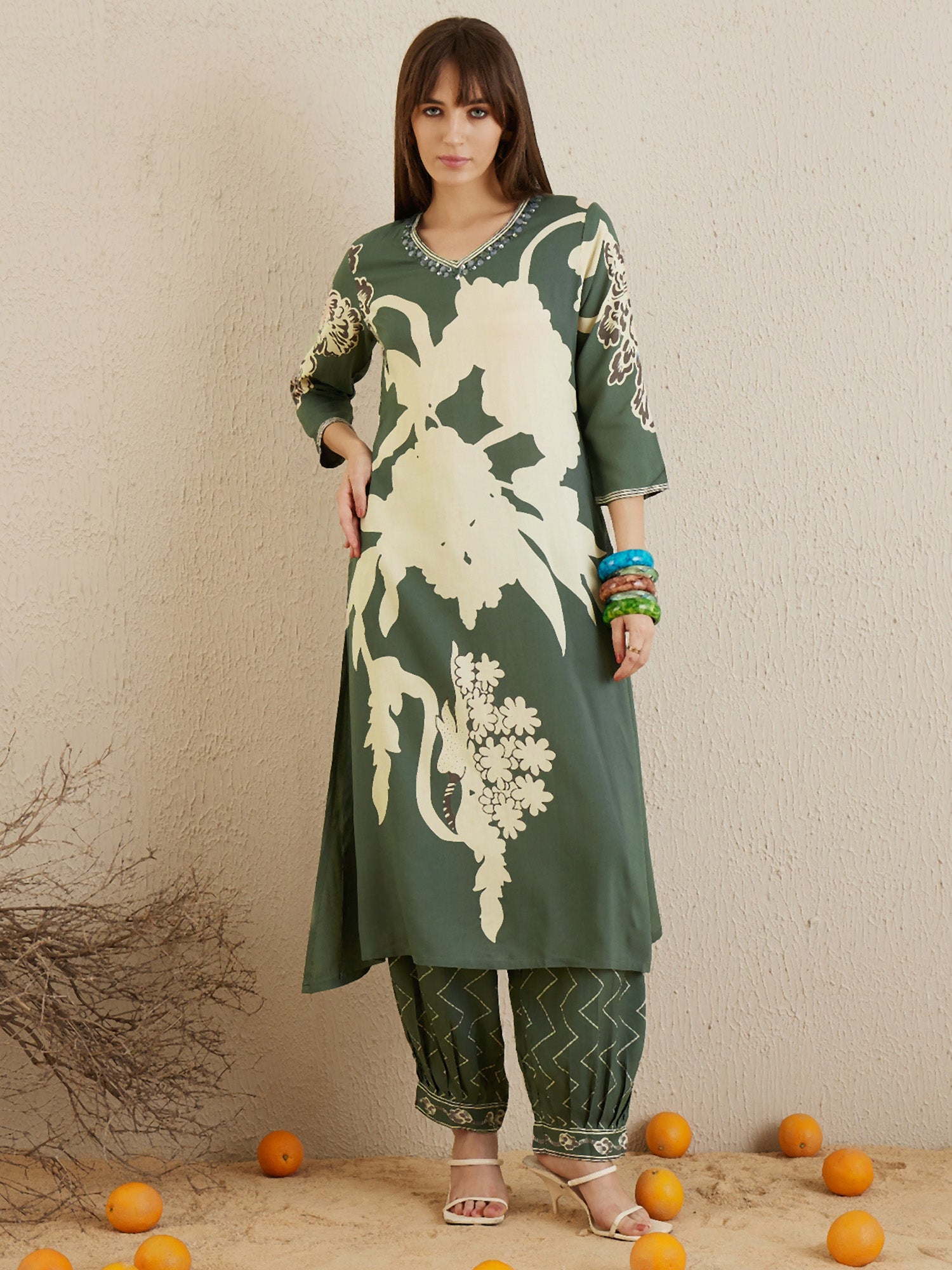 Green Printed A-Line Kurta Salwar set