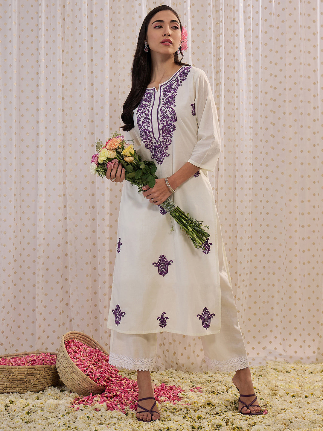 White Embroidered Straight Kurtas